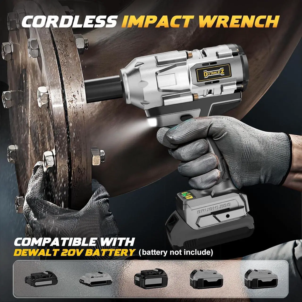 Alt view image 3 of 7 - Cordless Impact Wrench 1/2 inch for DeWalt 20v Battery, Impact Wrench 900Ft-lbs(1200N.m) High Torque Brushless Electric Impact Gun, Power Impact Driver with 4-Mode Speed, LED Work Light(no battery)