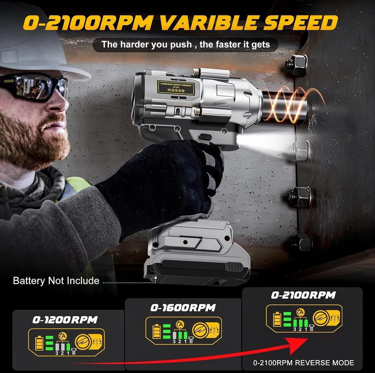 Alt view image 5 of 7 - Cordless Impact Wrench 1/2 inch for DeWalt 20v Battery, Impact Wrench 900Ft-lbs(1200N.m) High Torque Brushless Electric Impact Gun, Power Impact Driver with 4-Mode Speed, LED Work Light(no battery)