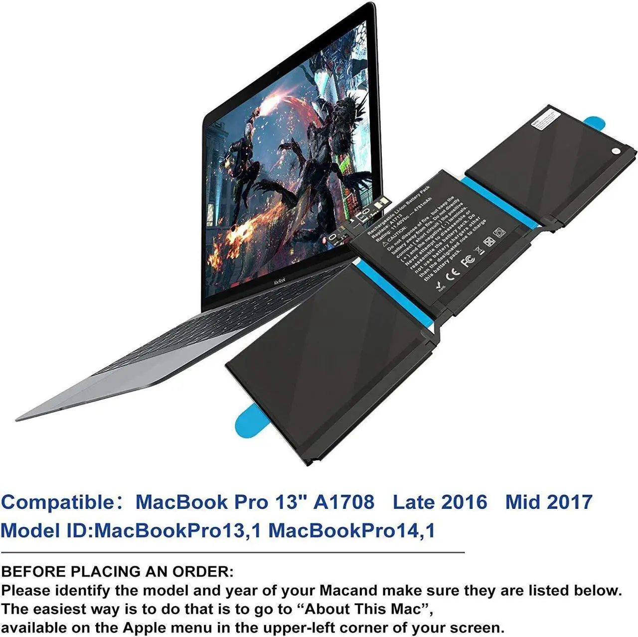 Alt view image 2 of 7 - A1713 Battery for MacBook Pro 13" A1708 Late 2016 2017 EMC 2978 3164