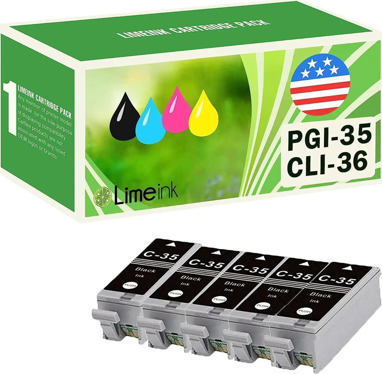 Main image of Limeink 5 Pack Black PGI-35 Compatible Ink Cartridges Set Use for PIXMA iP100 PIXMA iP110 Series Printers 1509b002 1511B002