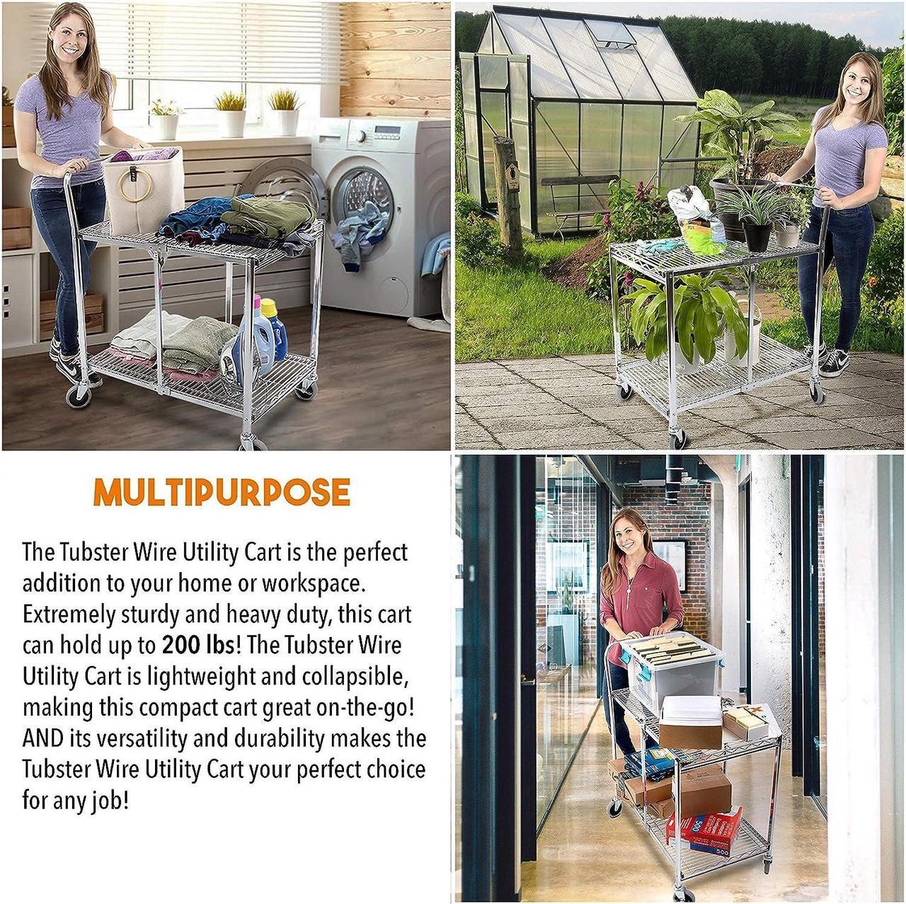 Alt view image 4 of 6 - Original Tubstr | Collapsible Wire Cart | 2 Shelf Wire Utility Cart Provides Convenient Transport | Holds 200 Pounds and Folds Up for Storage | Commercial Grade