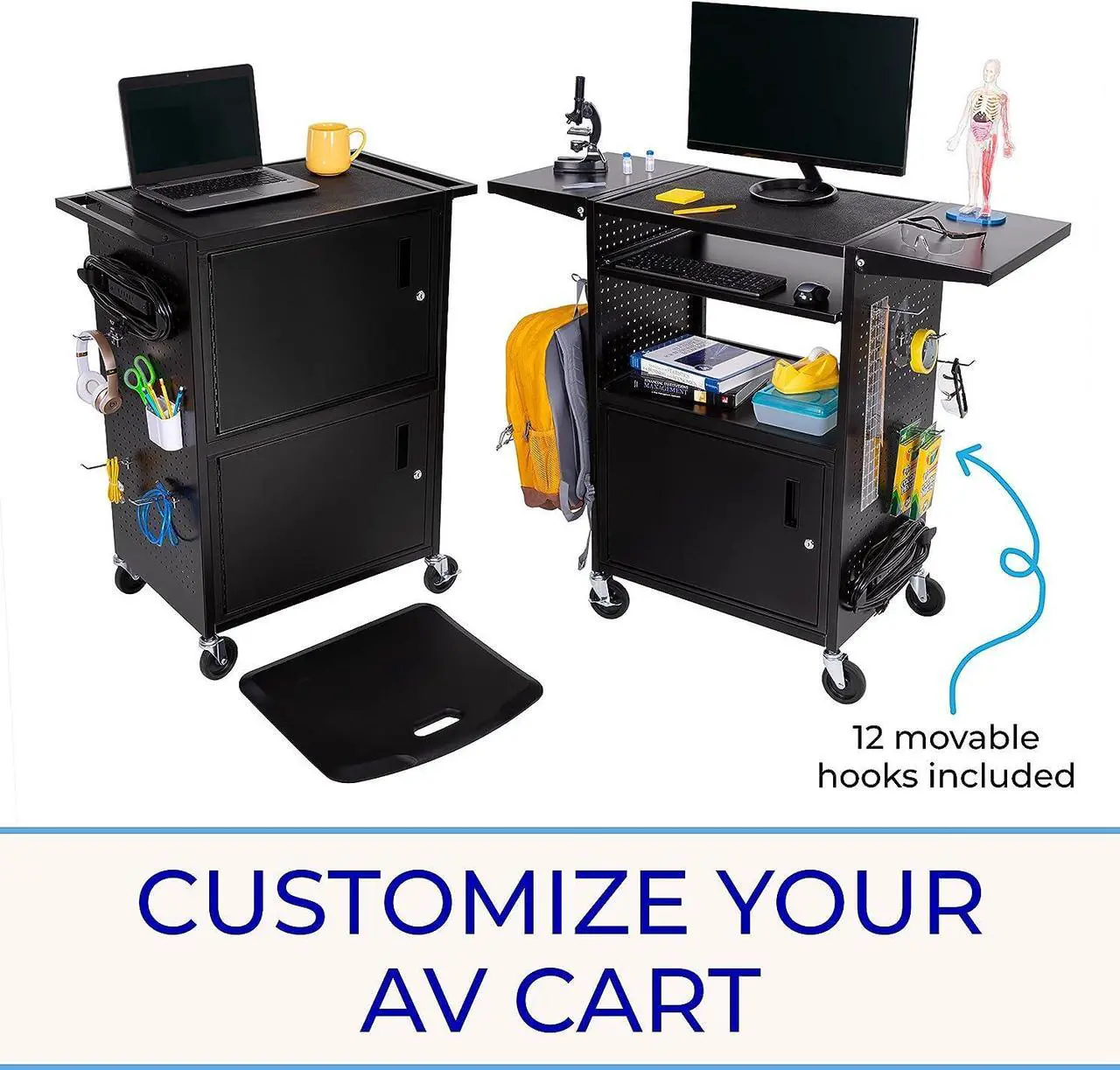 Alt view image 2 of 7 - Line LeaderStellarAV Cart |Computer Cart with Pegboard Siding&12 Hooks forCustomizableStorage | Two Locking Cabinets | UL Safety Certified Power Outlets| Mobile Workstation withLocking Wheels