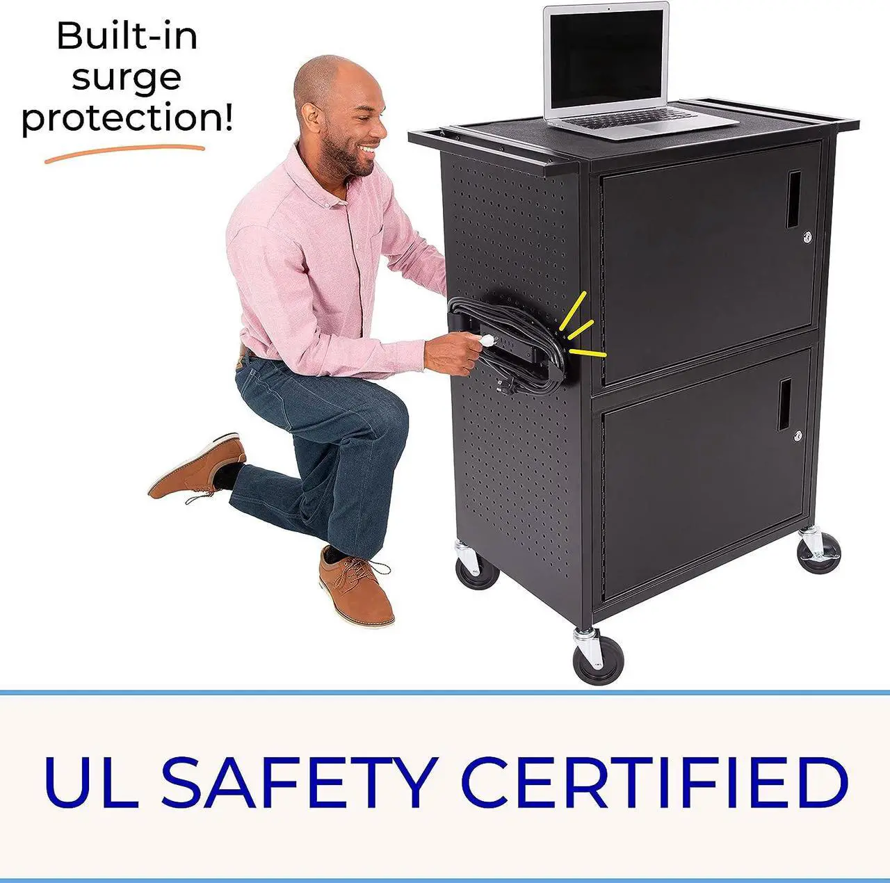 Alt view image 5 of 7 - Line LeaderStellarAV Cart |Computer Cart with Pegboard Siding&12 Hooks forCustomizableStorage | Two Locking Cabinets | UL Safety Certified Power Outlets| Mobile Workstation withLocking Wheels