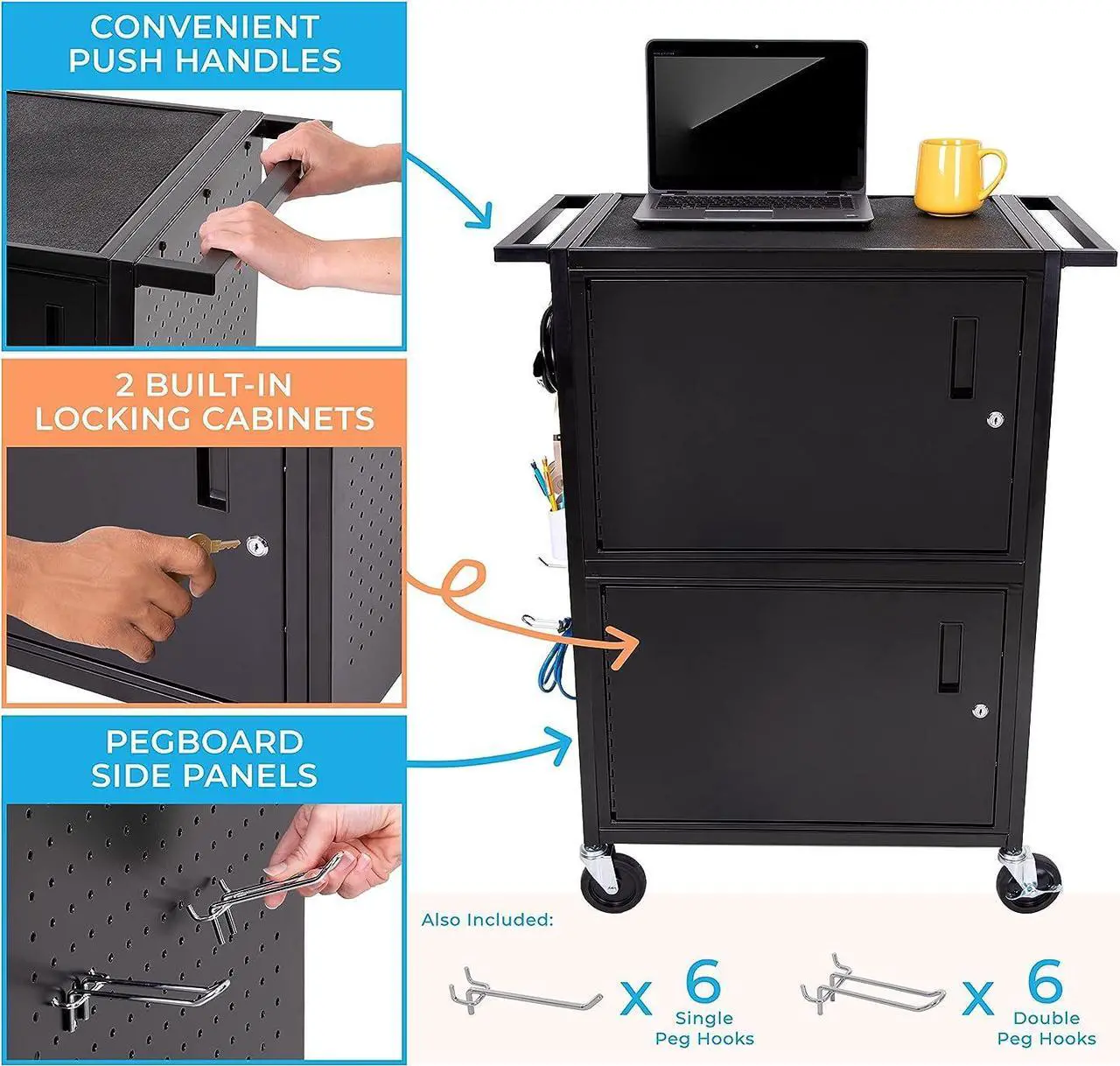 Alt view image 3 of 7 - Line LeaderStellarAV Cart |Computer Cart with Pegboard Siding&12 Hooks forCustomizableStorage | Two Locking Cabinets | UL Safety Certified Power Outlets| Mobile Workstation withLocking Wheels