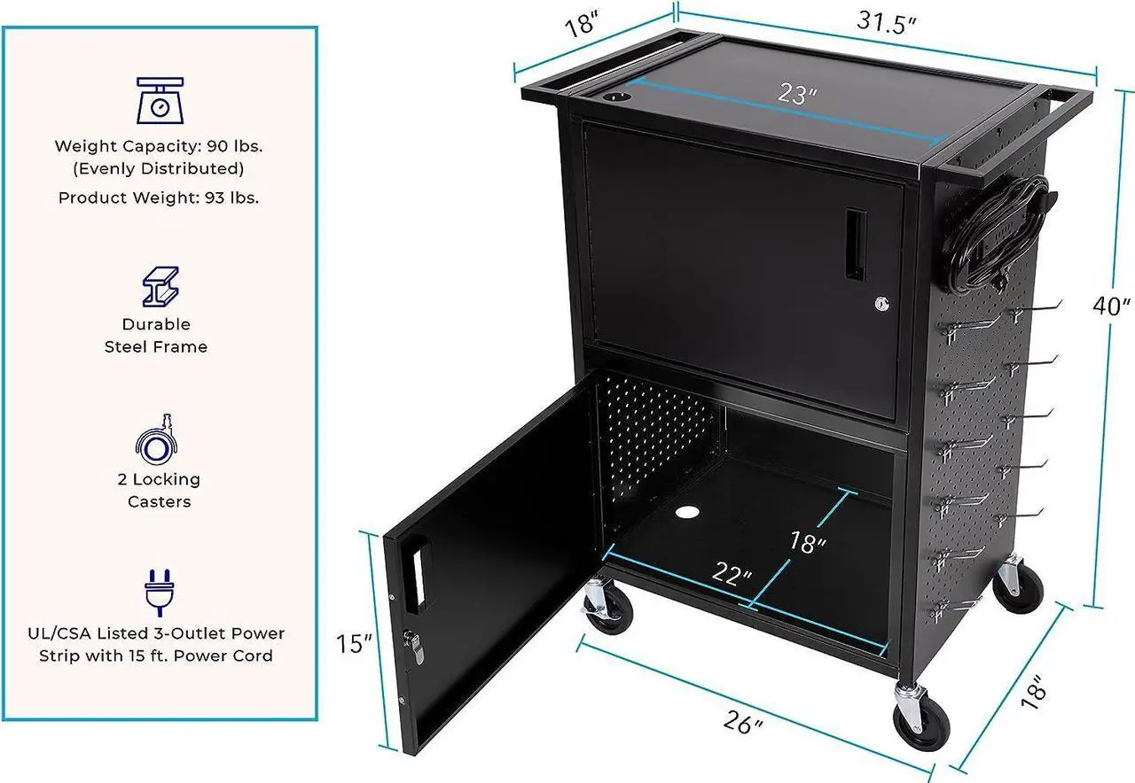 Alt view image 6 of 7 - Line LeaderStellarAV Cart |Computer Cart with Pegboard Siding&12 Hooks forCustomizableStorage | Two Locking Cabinets | UL Safety Certified Power Outlets| Mobile Workstation withLocking Wheels