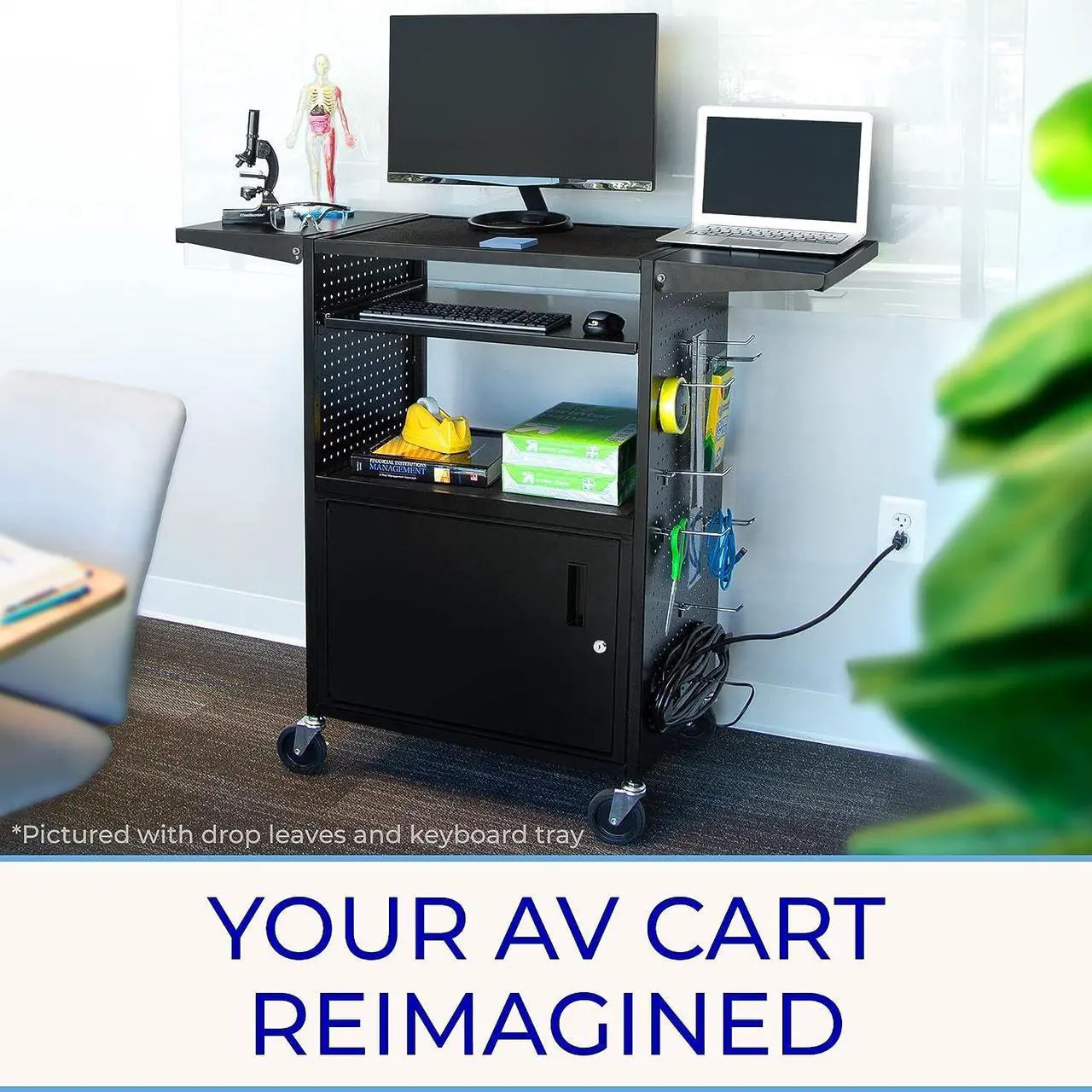 Alt view image 7 of 7 - Line LeaderStellarAV Cart |Computer Cart with Pegboard Siding&12 Hooks forCustomizableStorage | Two Locking Cabinets | UL Safety Certified Power Outlets| Mobile Workstation withLocking Wheels