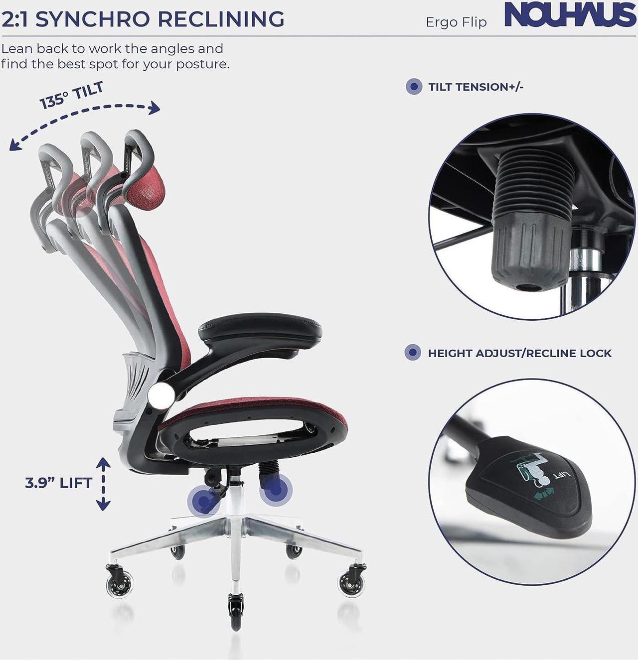 Alt view image 3 of 6 - ErgoFlip Mesh Computer Chair - Burgundy Rolling Desk Chair with Retractable Armrest and Blade Wheels Ergonomic Office Chair, Desk Chairs, Executive Swivel Chair/High Spec Base