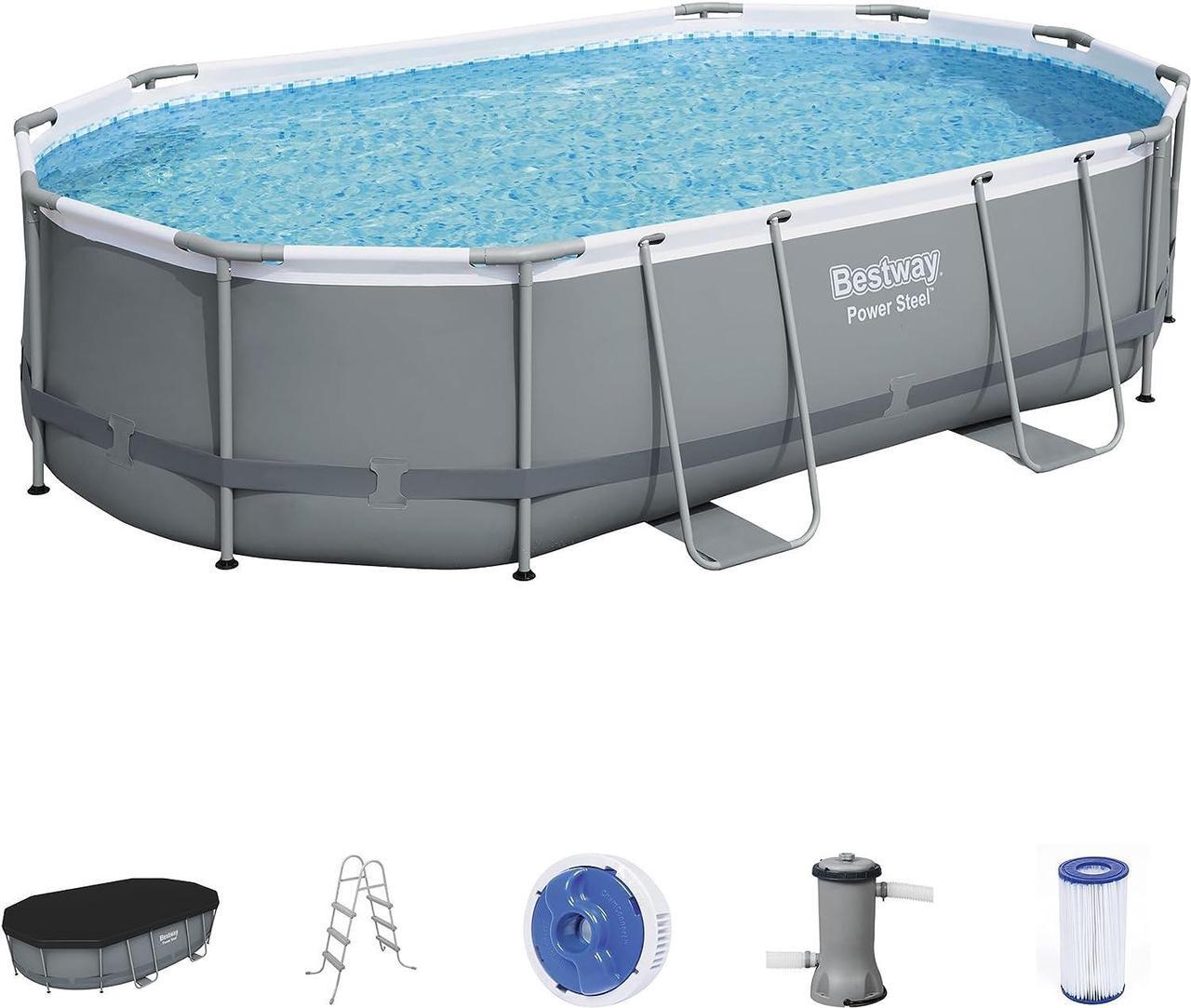 Main image of Power Steel 16' x 10' x 42" Rectangular Metal Frame Above Ground Swimming Pool Set with 1000 GPH Filter Pump, Ladder, and Pool Cover