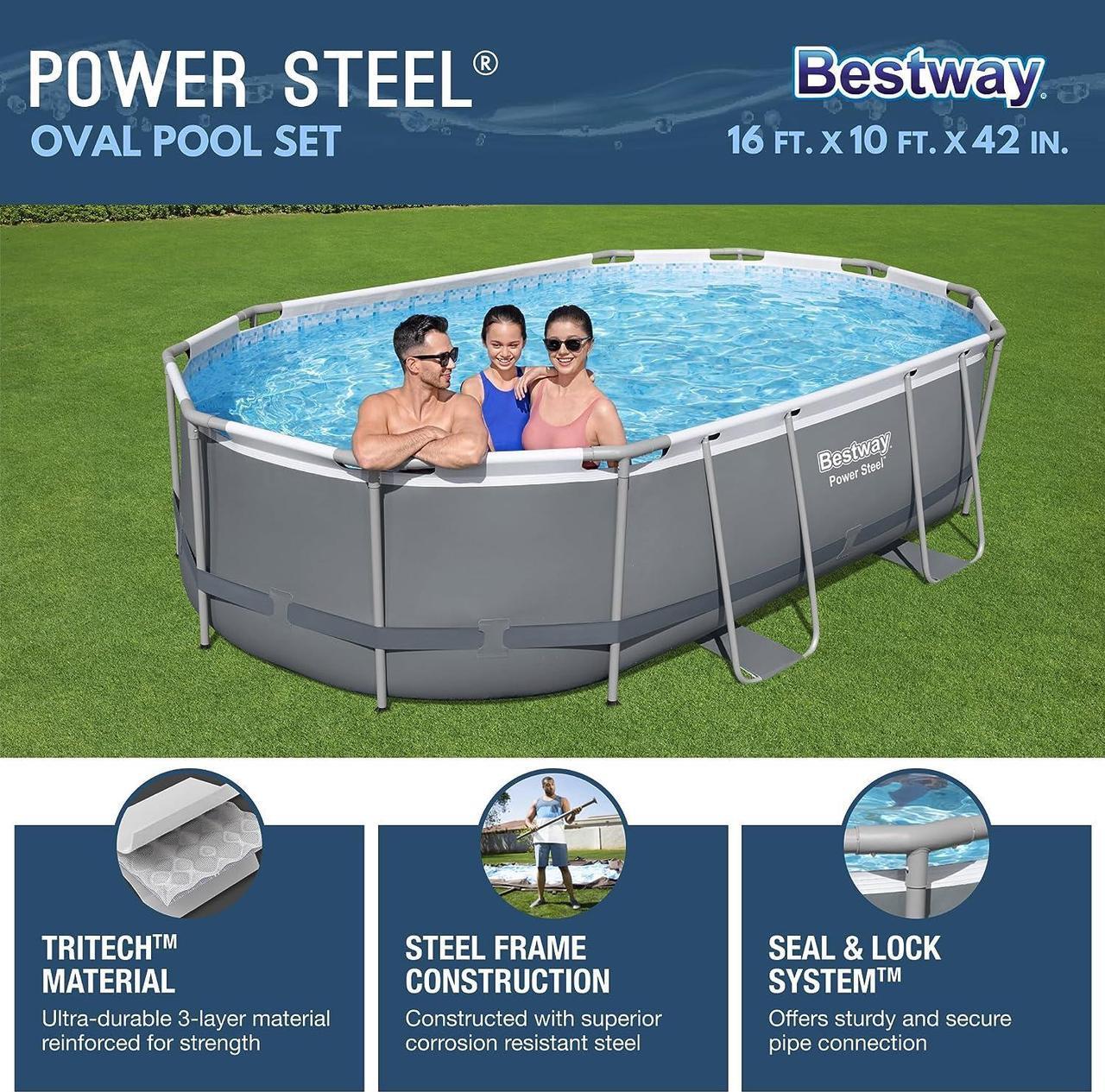 Alt view image 2 of 7 - Power Steel 16' x 10' x 42" Rectangular Metal Frame Above Ground Swimming Pool Set with 1000 GPH Filter Pump, Ladder, and Pool Cover