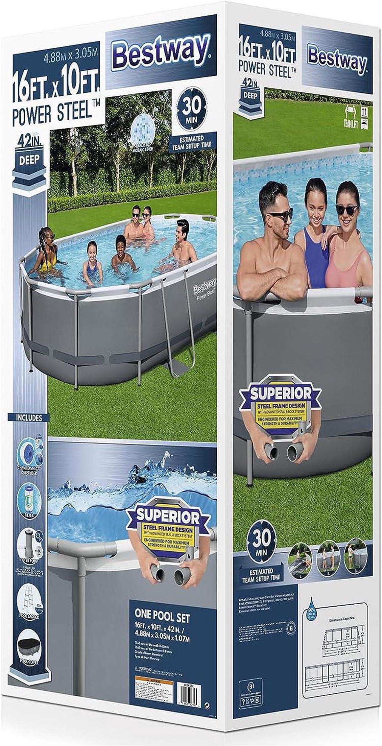 Alt view image 7 of 7 - Power Steel 16' x 10' x 42" Rectangular Metal Frame Above Ground Swimming Pool Set with 1000 GPH Filter Pump, Ladder, and Pool Cover
