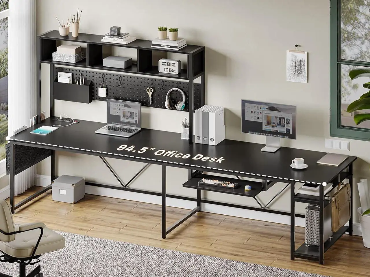 Alt view image 6 of 7 - L Shaped Gaming Desk, Reversible Computer Desk with Power Outlet and Pegboard, Gaming Desk with Led Lights, Keyboard Tray and Storage Bag for Home Office, Black