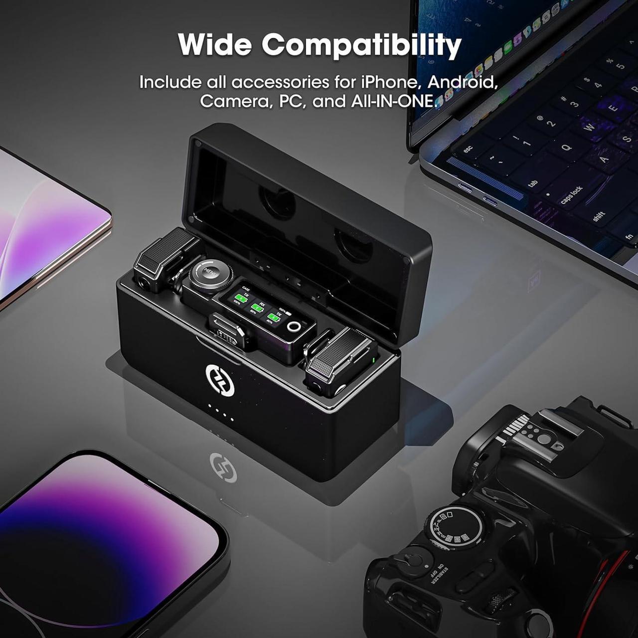 Alt view image 7 of 7 - Wireless Lavalier Microphone System with Professional ENC, Studio Quality Audio, 22H Duration, 820ft(250m) Range, Compatible with DSLR Camera, iPhone, Android, PC-Black