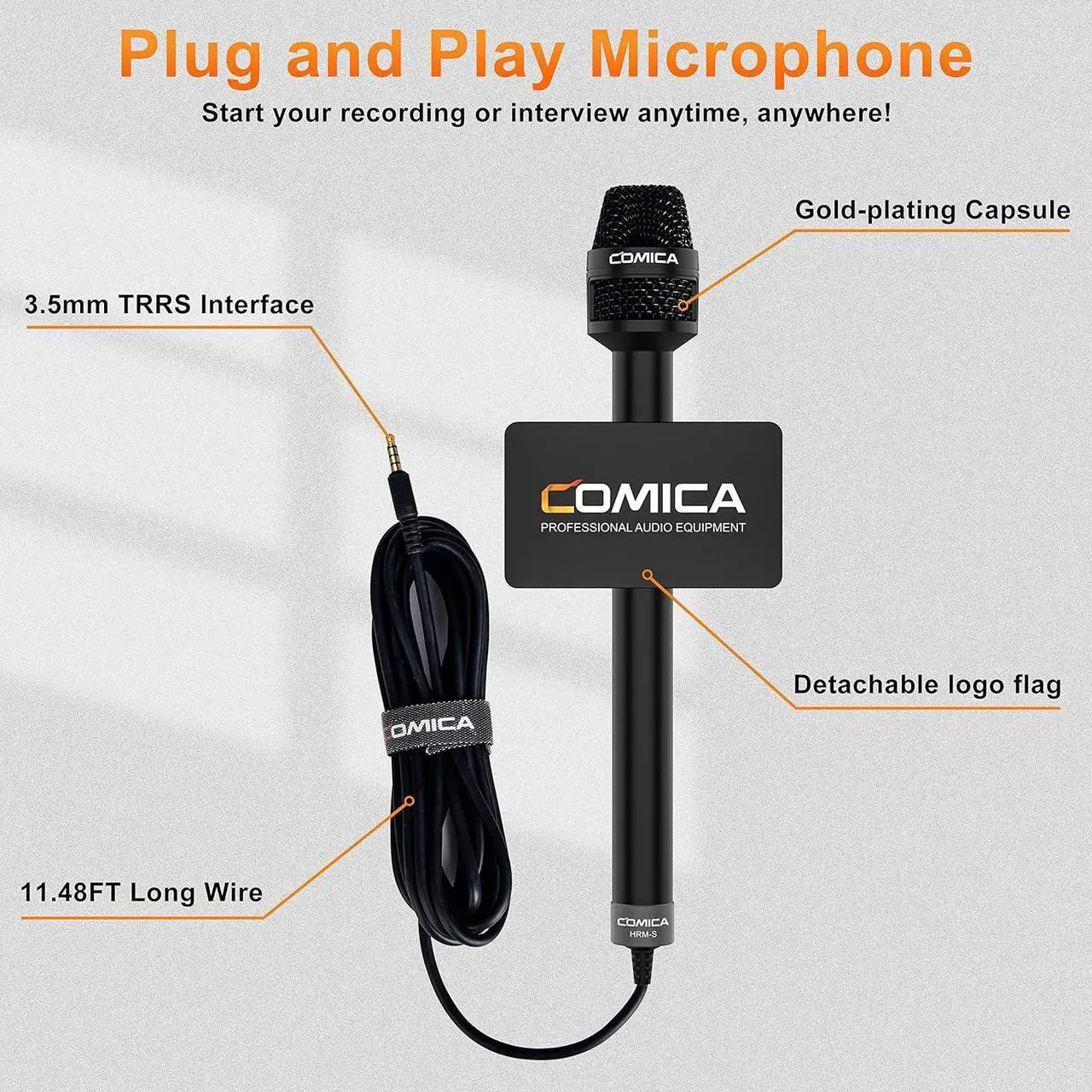 Alt view image 4 of 7 - Handheld Interview Microphone, HRM-S 3.5mm TRRS Cardioid Condenser Reporter Microphone for Recording, Speech, Stage, Vocal Mic for Smartphones Laptops and DSLR Cameras