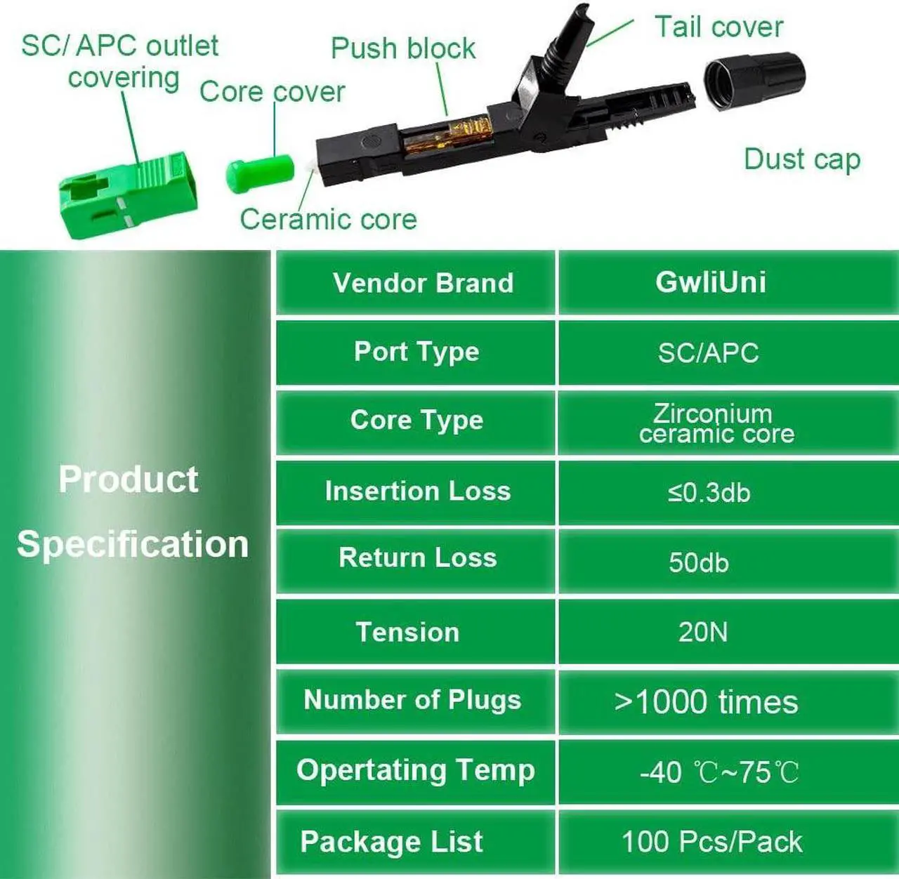 Alt view image 4 of 7 - 100 Pcs SC Fiber Optical Fast Cold Connector, Single Mode Quick Assembly Adapter Plug for FTTH,CATV etc, (SC-APC)