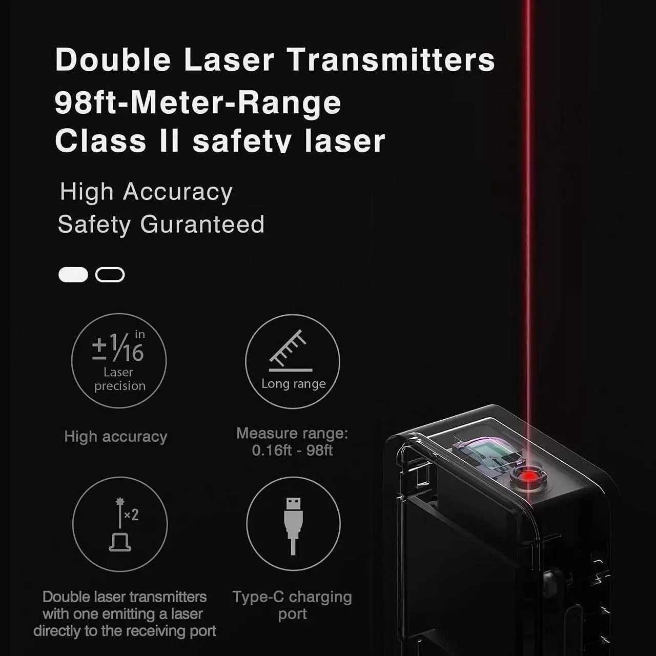Alt view image 2 of 7 - Laser Measurement Tool with Bluetooth, 98ft Laser Distance Measure, ±1/16-inch Accuracy, 2 Modes of The Measurement, Switchable Units M/Ft+in, Type-C Charging