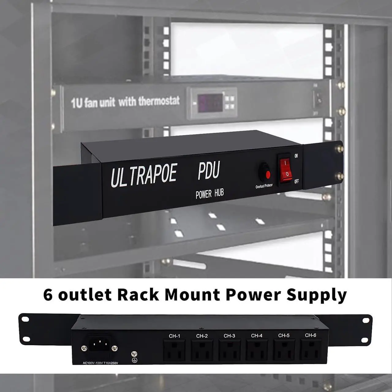 Alt view image 5 of 7 - 1U Disassembled Rack Mount Cable Management Panel,6 Outlet Horizontal 1U Rack Mount PDU Power Strip,120V/15A/50-60HZ,6ft Power Cord, for 19-Inch Rack or Cabinet