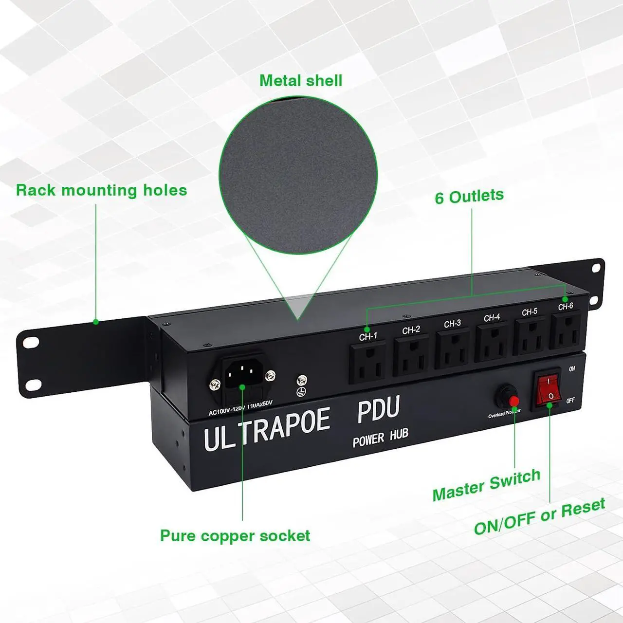 Alt view image 6 of 7 - 1U Disassembled Rack Mount Cable Management Panel,6 Outlet Horizontal 1U Rack Mount PDU Power Strip,120V/15A/50-60HZ,6ft Power Cord, for 19-Inch Rack or Cabinet
