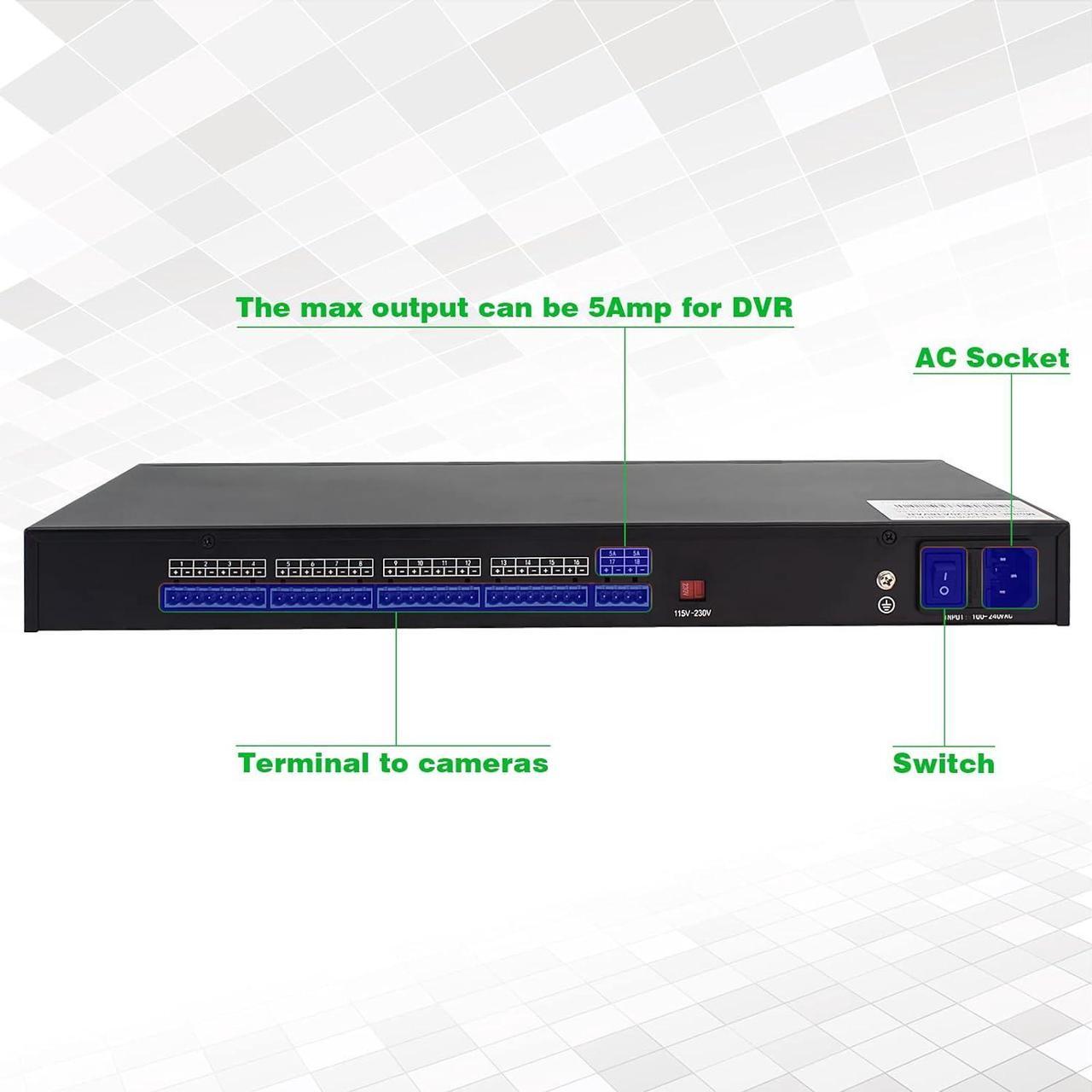 Alt view image 2 of 7 - 1U Rack Mount DC Distributed Power Box 18 Channel DC 12V 20 Amp Reset Fuse,4ft Replaceable AC Power Cord,for Security Cameras, DVRs, CCTV 12v 20a Power Supply