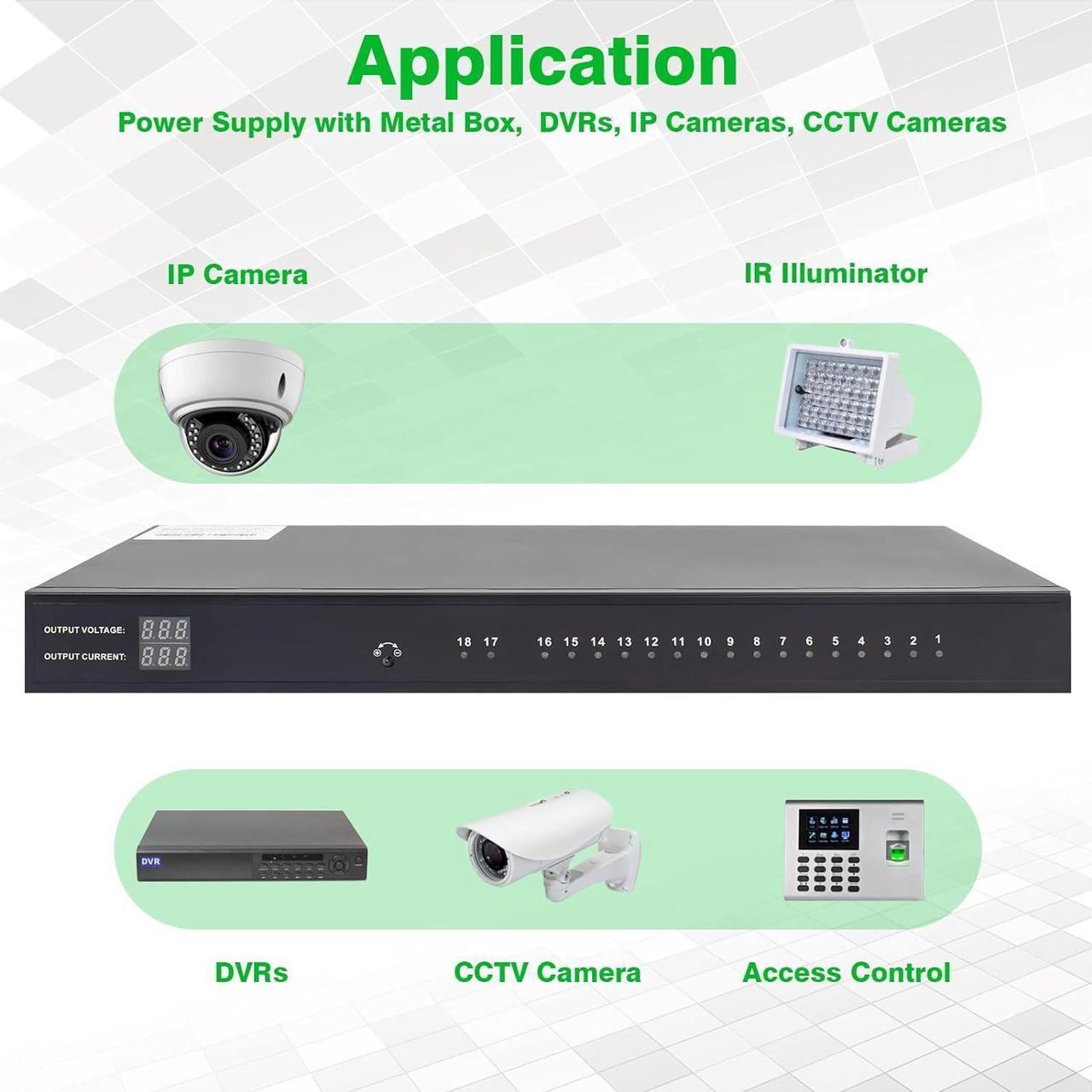 Alt view image 7 of 7 - 1U Rack Mount DC Distributed Power Box 18 Channel DC 12V 20 Amp Reset Fuse,4ft Replaceable AC Power Cord,for Security Cameras, DVRs, CCTV 12v 20a Power Supply