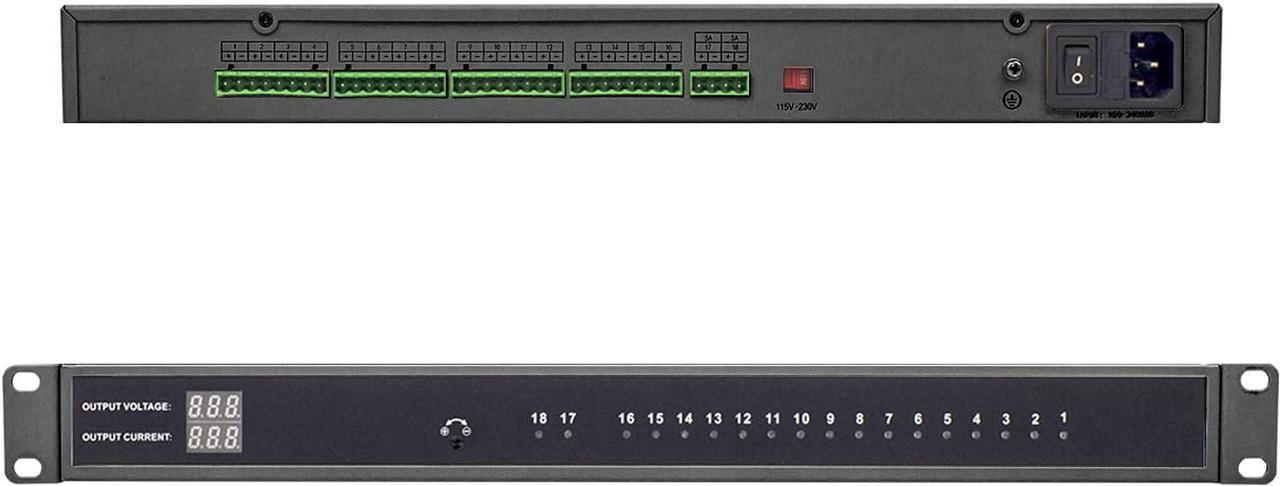 Main image of 1U Rack Mount DC Distributed Power Box 18 Channel DC 12V 20 Amp Reset Fuse,4ft Replaceable AC Power Cord,for Security Cameras, DVRs, CCTV 12v 20a Power Supply