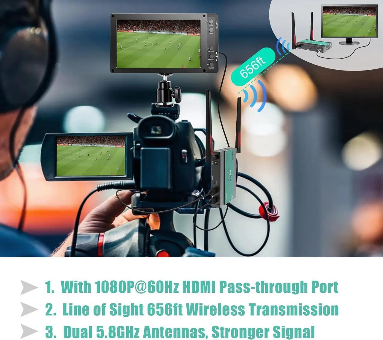 Alt view image 6 of 7 - Wireless HDMI Transmitter and Receiver Extender 1x4-200m(656Ft) 5.8GHz 1080P@60Hz Audio Video Extender Kit with IR and HDMI Loop-Out for TV,DSLR Camera,Projector,DVR,Laptop,PS5,Switch