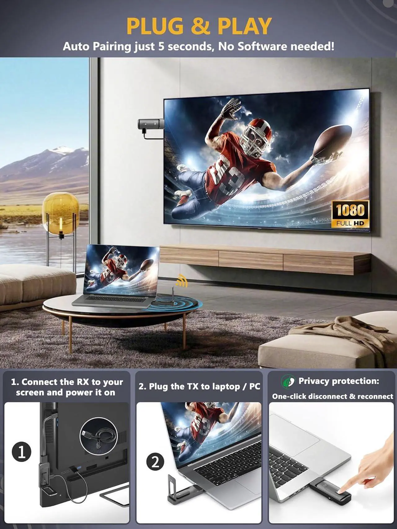 Alt view image 7 of 7 - Wireless HDMI Transmitter and Receiver, Foldable Antenna, Channel Adjustable, 1080P@60Hz, 5G Stream Video & Audio HDMI Extender for Laptop, Camera, TV Box to Monitor, Projector, TV - 165FT/50M