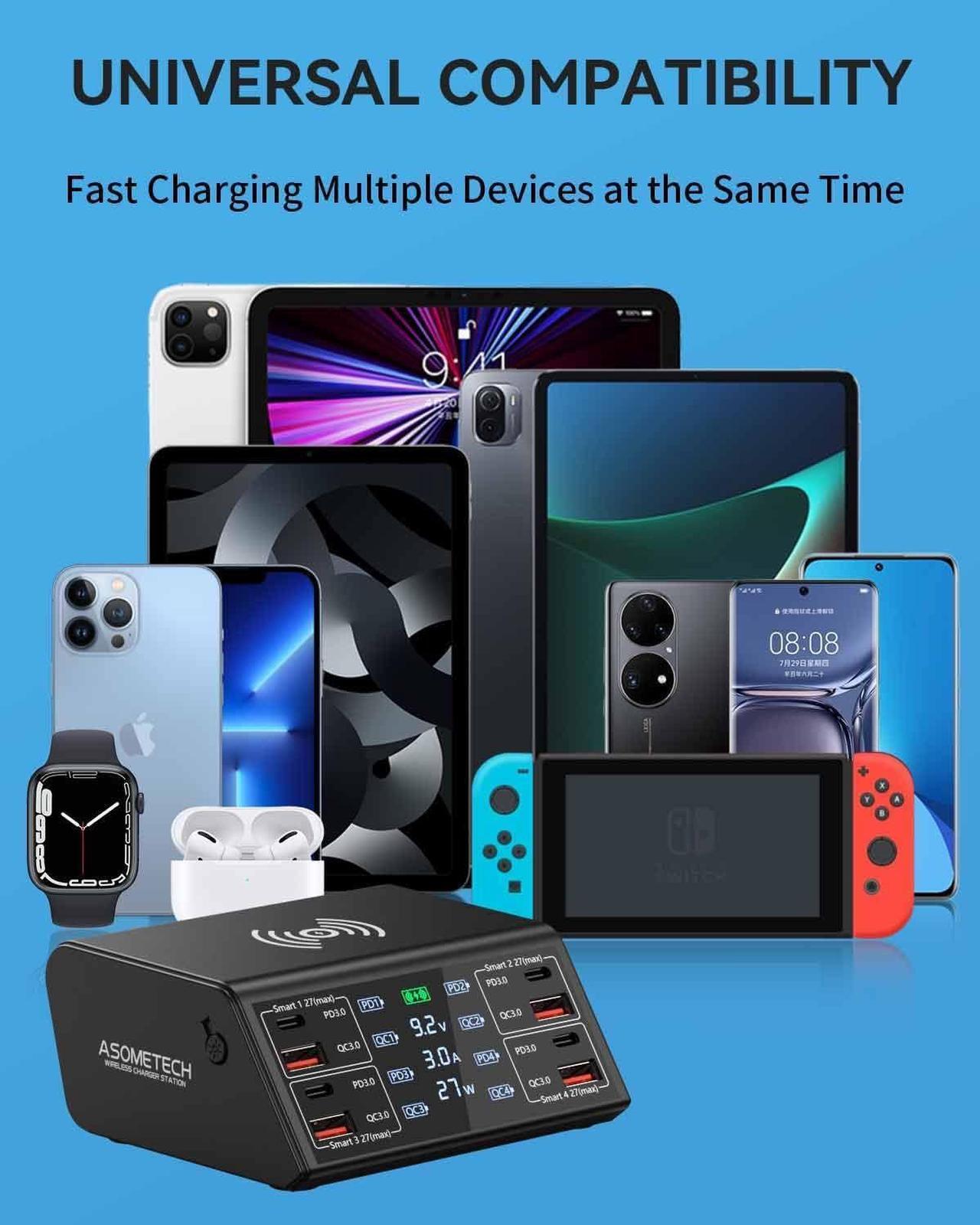Alt view image 3 of 6 - USB Charger,  100W 8 Port Multiple USB Charging Station with 4 Quick Charge 3.0, 4 USB C PD Port, Wireless Charger, LCD Display Fast USB Charging Hub for iPhone 13 12 iPad Samsung and More