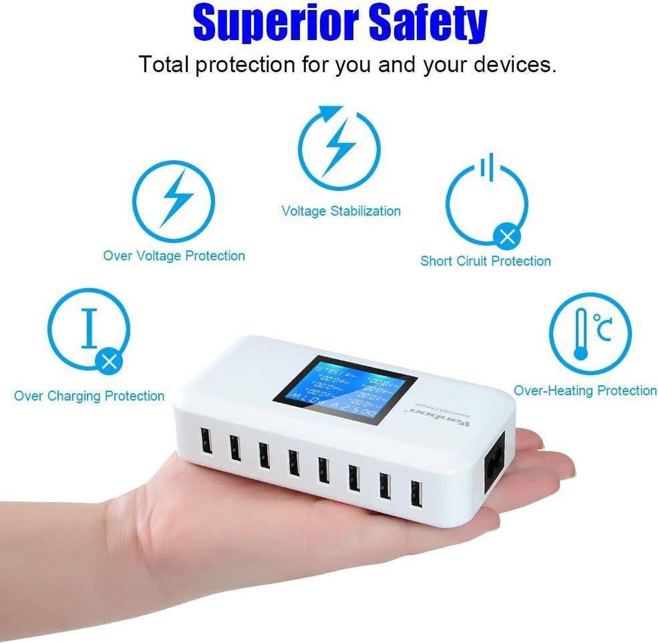 Alt view image 2 of 6 - 60W 8-Port USB Wall Charger, Multi Port USB Charger Charging Station W/LCD Compatible with Smart Phone, Tablet and Multiple Devices