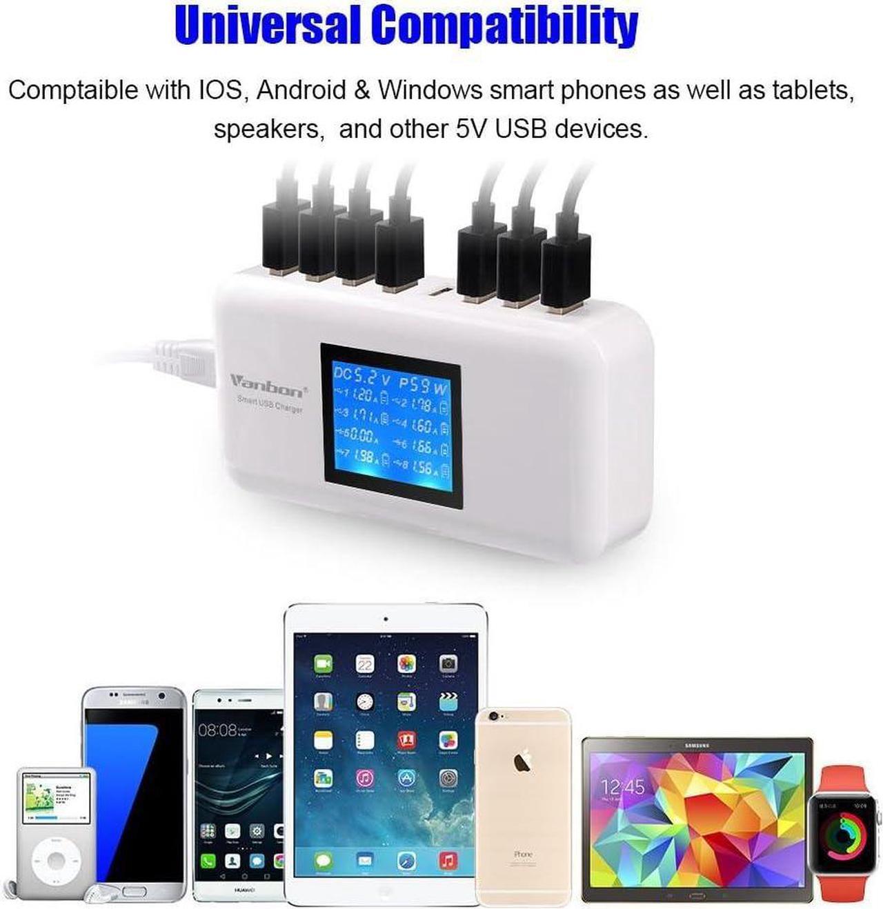 Alt view image 3 of 6 - 60W 8-Port USB Wall Charger, Multi Port USB Charger Charging Station W/LCD Compatible with Smart Phone, Tablet and Multiple Devices