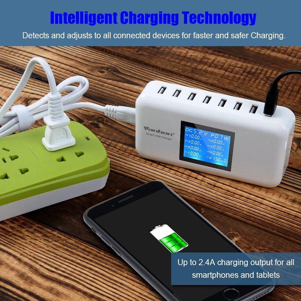 Alt view image 4 of 6 - 60W 8-Port USB Wall Charger, Multi Port USB Charger Charging Station W/LCD Compatible with Smart Phone, Tablet and Multiple Devices