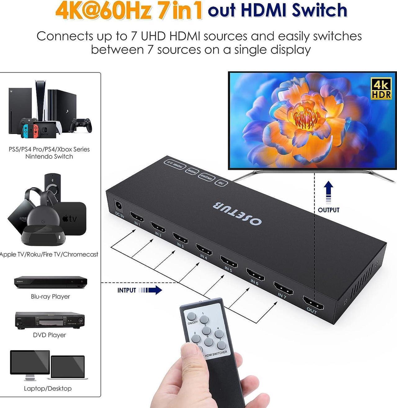 Alt view image 2 of 7 - 4K@60Hz 7 Port HDMI Switch, 7 in 1 Out HDMI Switcher Selector Support HDR & HDCP 2.2 & Full 3D with IR Remote Control for Nintendo Switch,Xbox PS5/PS4,Fire Stick,Roku