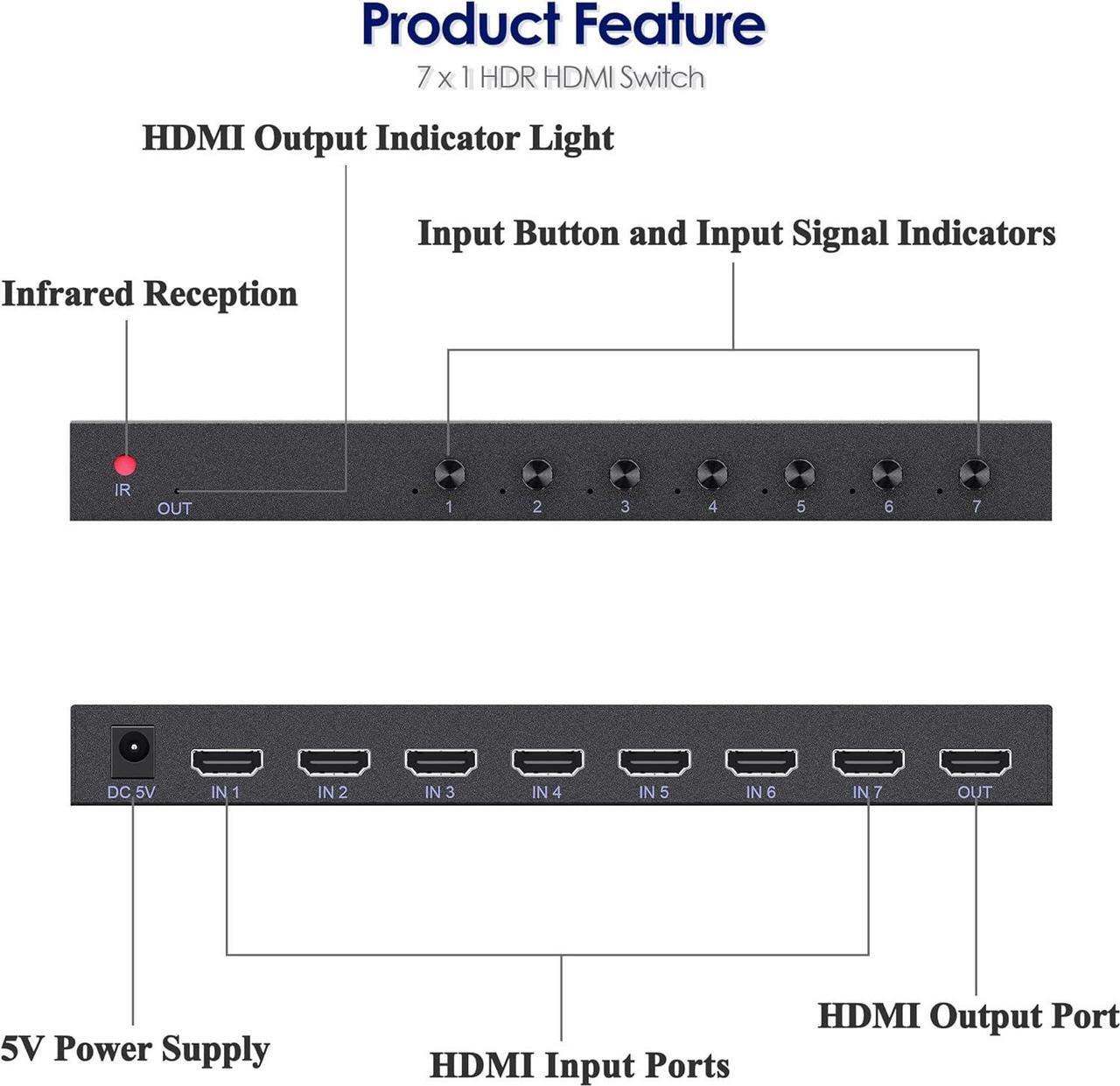 Alt view image 4 of 7 - 4K@60Hz 7 Port HDMI Switch, 7 in 1 Out HDMI Switcher Selector Support HDR & HDCP 2.2 & Full 3D with IR Remote Control for Nintendo Switch,Xbox PS5/PS4,Fire Stick,Roku