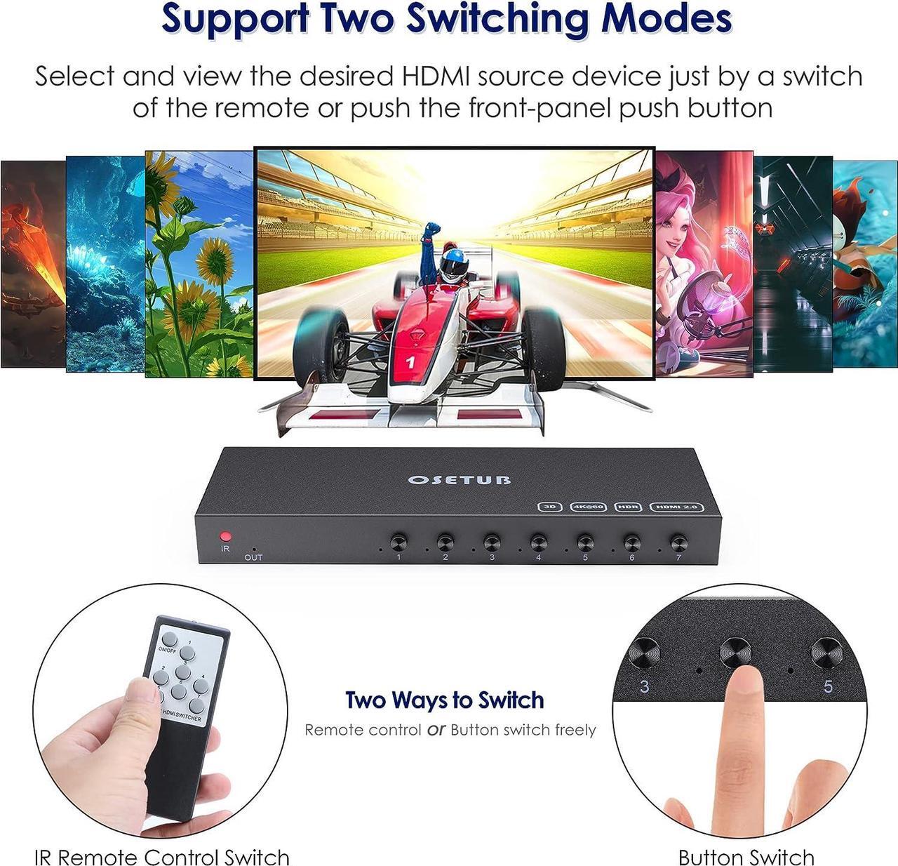 Alt view image 6 of 7 - 4K@60Hz 7 Port HDMI Switch, 7 in 1 Out HDMI Switcher Selector Support HDR & HDCP 2.2 & Full 3D with IR Remote Control for Nintendo Switch,Xbox PS5/PS4,Fire Stick,Roku