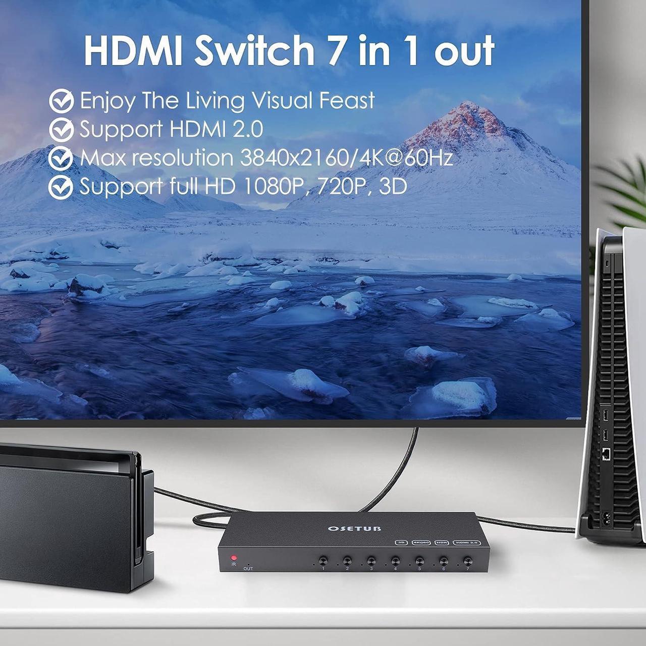 Alt view image 7 of 7 - 4K@60Hz 7 Port HDMI Switch, 7 in 1 Out HDMI Switcher Selector Support HDR & HDCP 2.2 & Full 3D with IR Remote Control for Nintendo Switch,Xbox PS5/PS4,Fire Stick,Roku