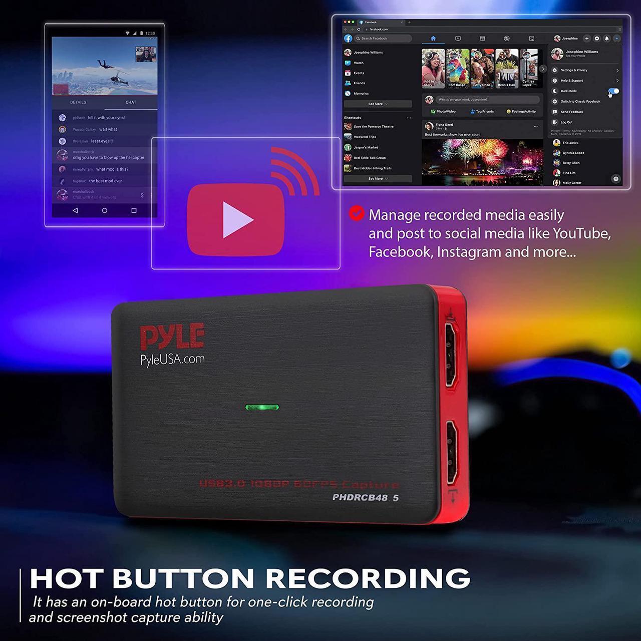 Alt view image 7 of 7 - Pyle Capture Card Video Recording System - AV Game Live Streaming, Full HD 1080P Digital Media File Creation System w/ HDMI, Audio for USB, SD, PC, DVD, PS4, PS3, Xbox One, Xbox 360, Wii PHDRCB48.5