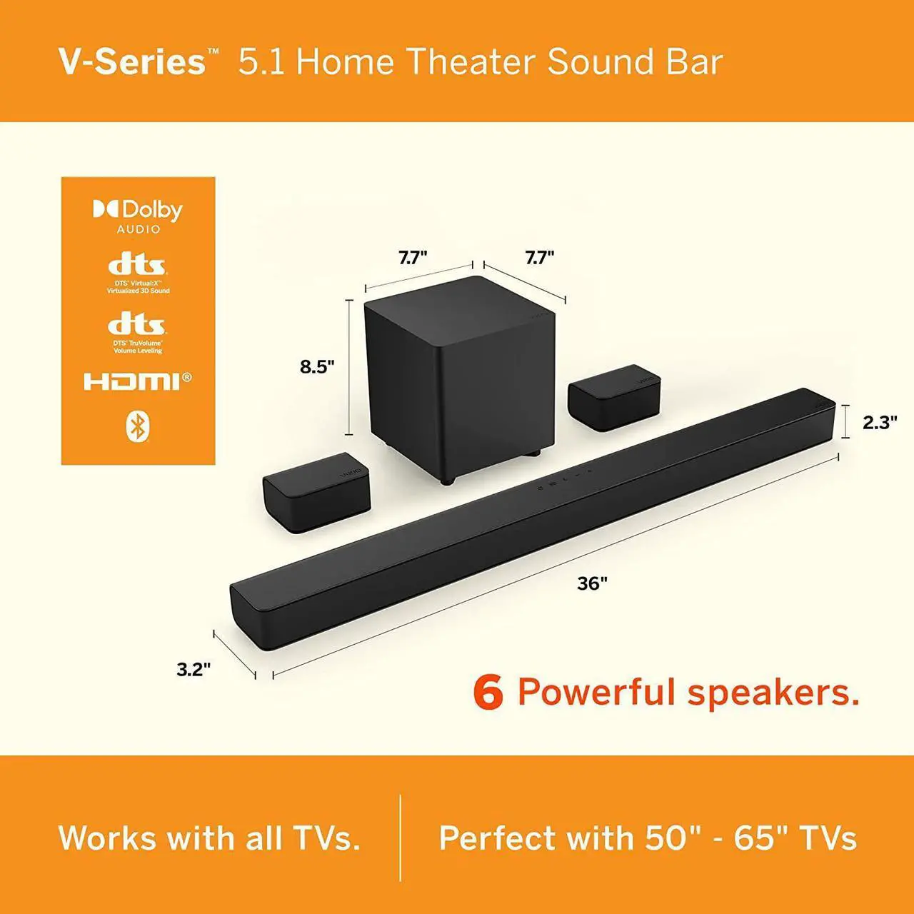 Alt view image 2 of 7 - VIZIO V-Series 5.1 Home Theater Sound Bar with Dolby Audio, Bluetooth, Wireless Subwoofer, Voice Assistant Compatible, Includes Remote Control - V51x-J6