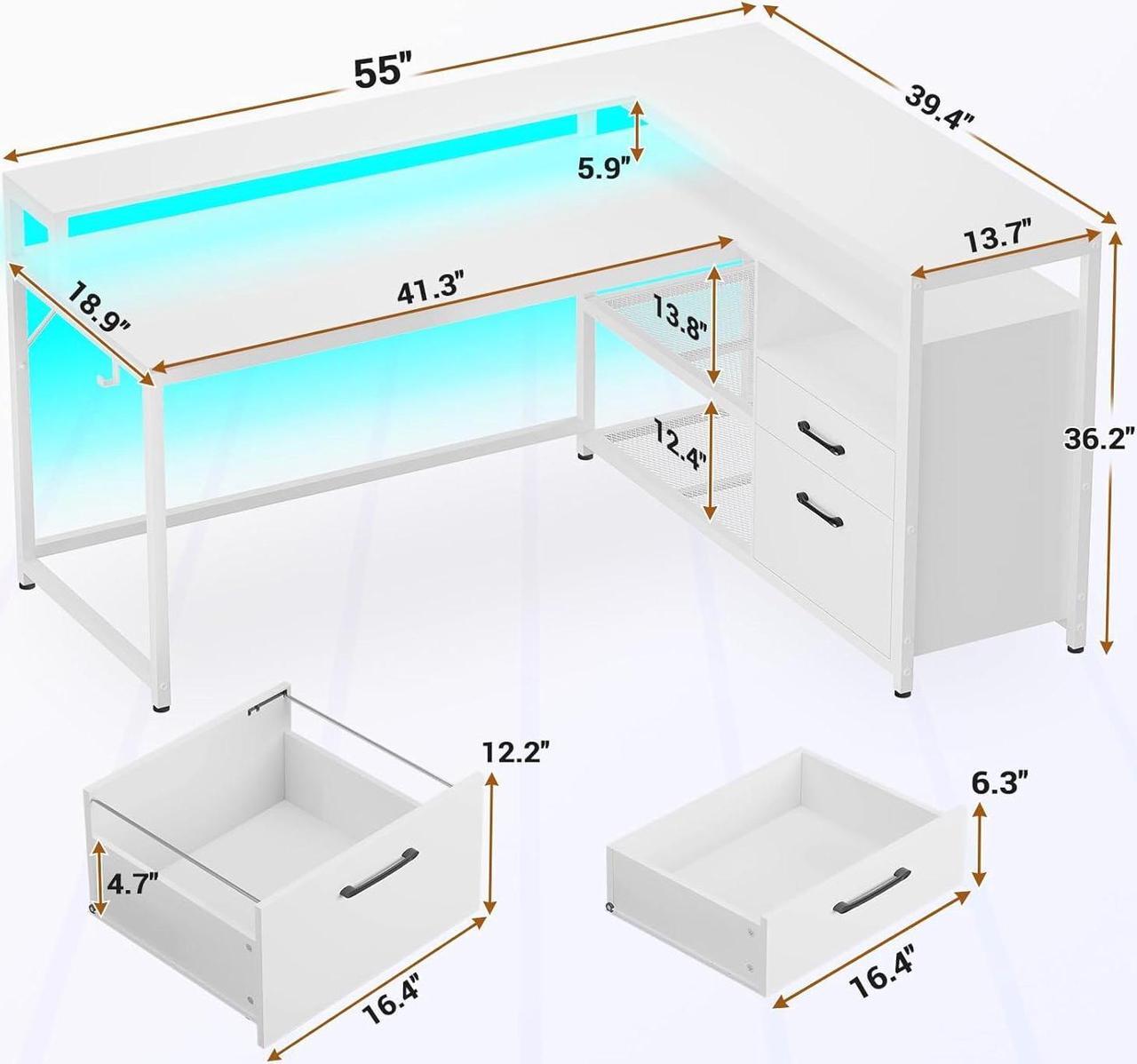 Alt view image 2 of 7 - White Computer Desk with Drawers, 55" Home Office Desk with File Drawer and Storage Shelves, L Shaped Gaming Desk with LED Lights and Monitor Shelf