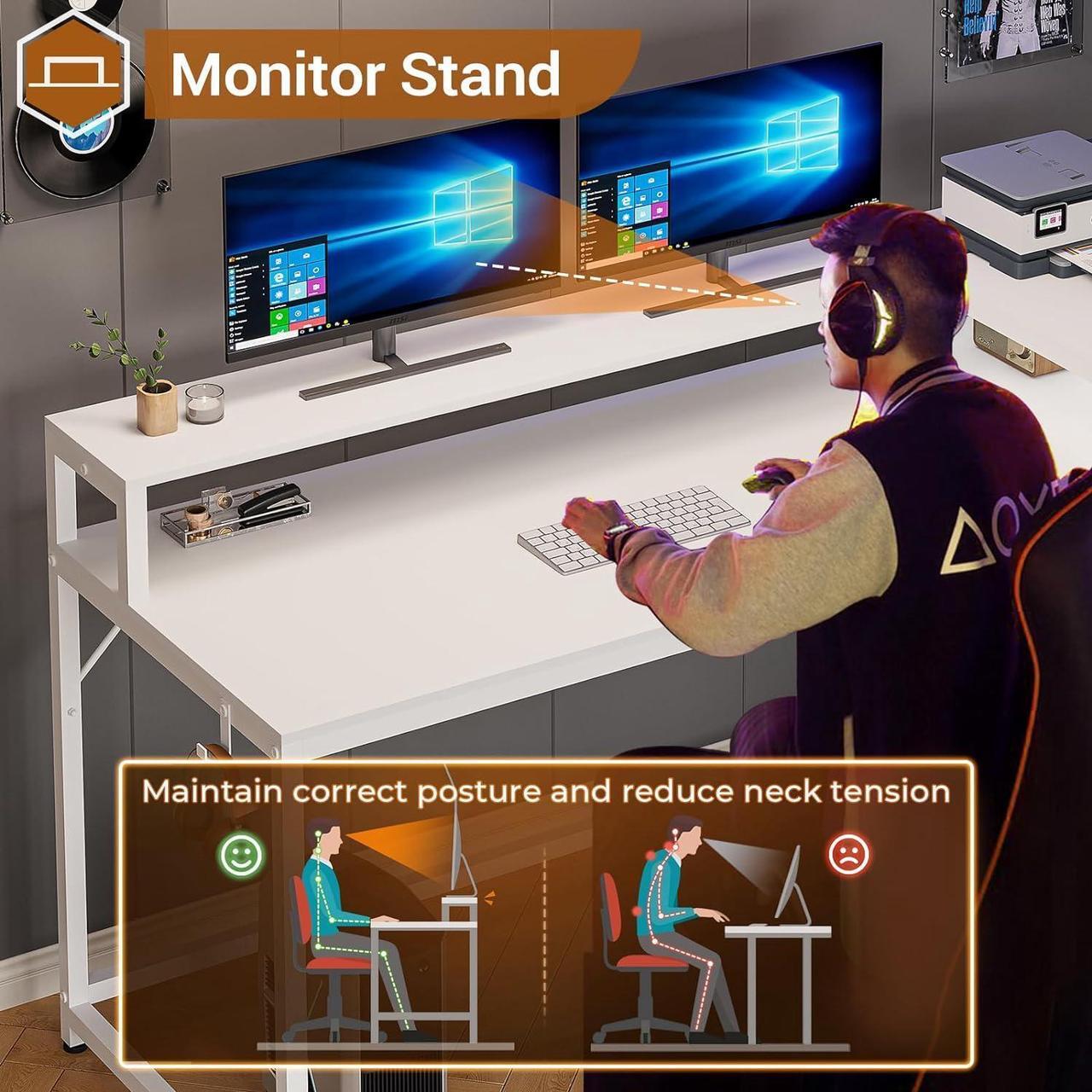 Alt view image 5 of 7 - White Computer Desk with Drawers, 55" Home Office Desk with File Drawer and Storage Shelves, L Shaped Gaming Desk with LED Lights and Monitor Shelf