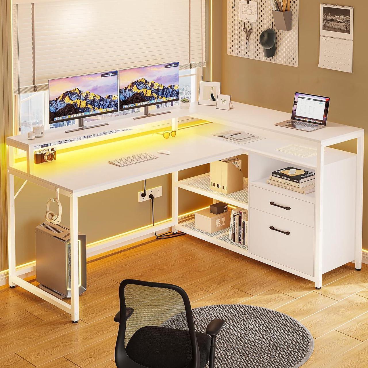 Main image of White Computer Desk with Drawers, 55" Home Office Desk with File Drawer and Storage Shelves, L Shaped Gaming Desk with LED Lights and Monitor Shelf