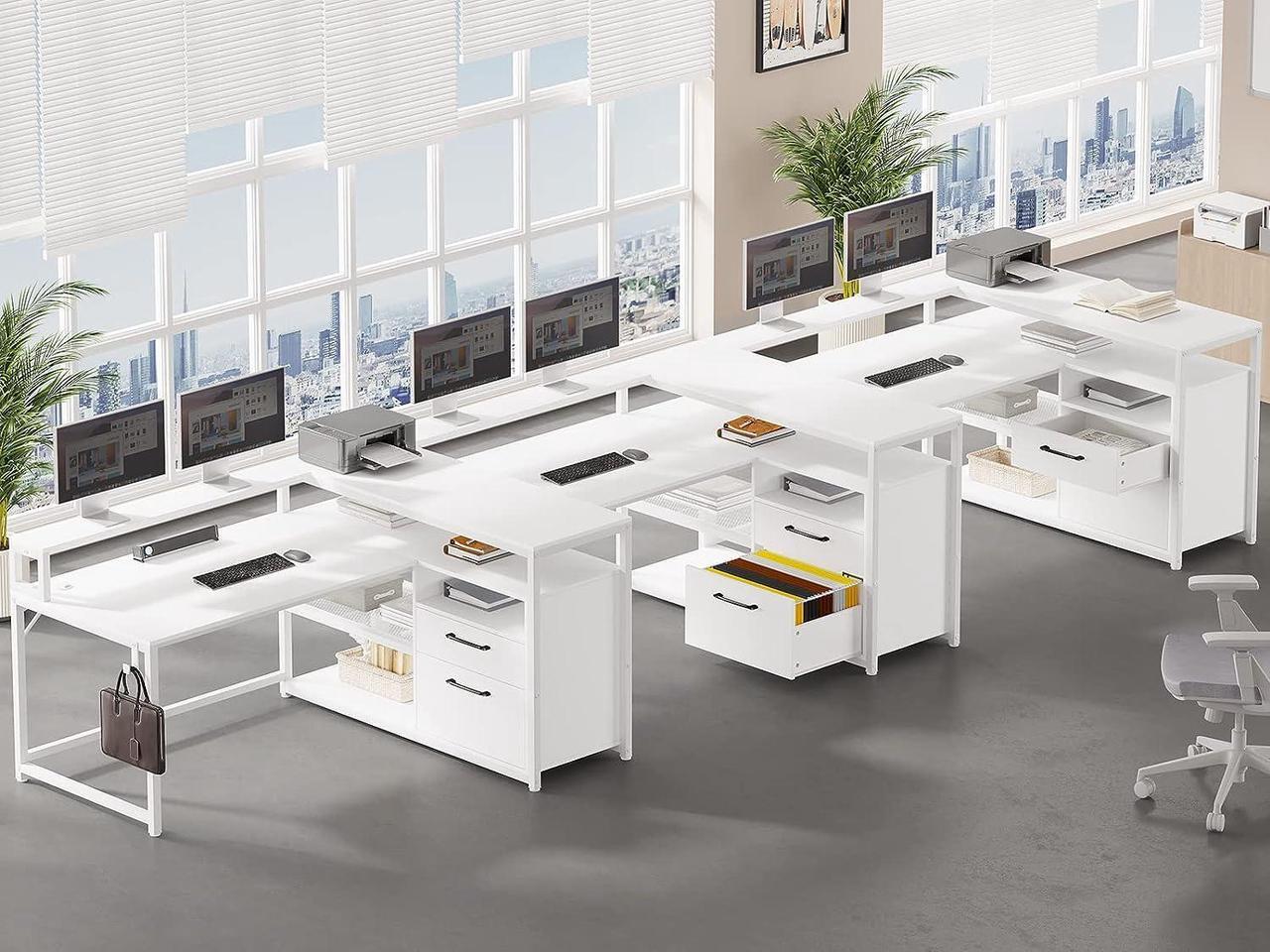 Alt view image 3 of 7 - White Computer Desk with Drawers, 55" Home Office Desk with File Drawer and Storage Shelves, L Shaped Gaming Desk with LED Lights and Monitor Shelf