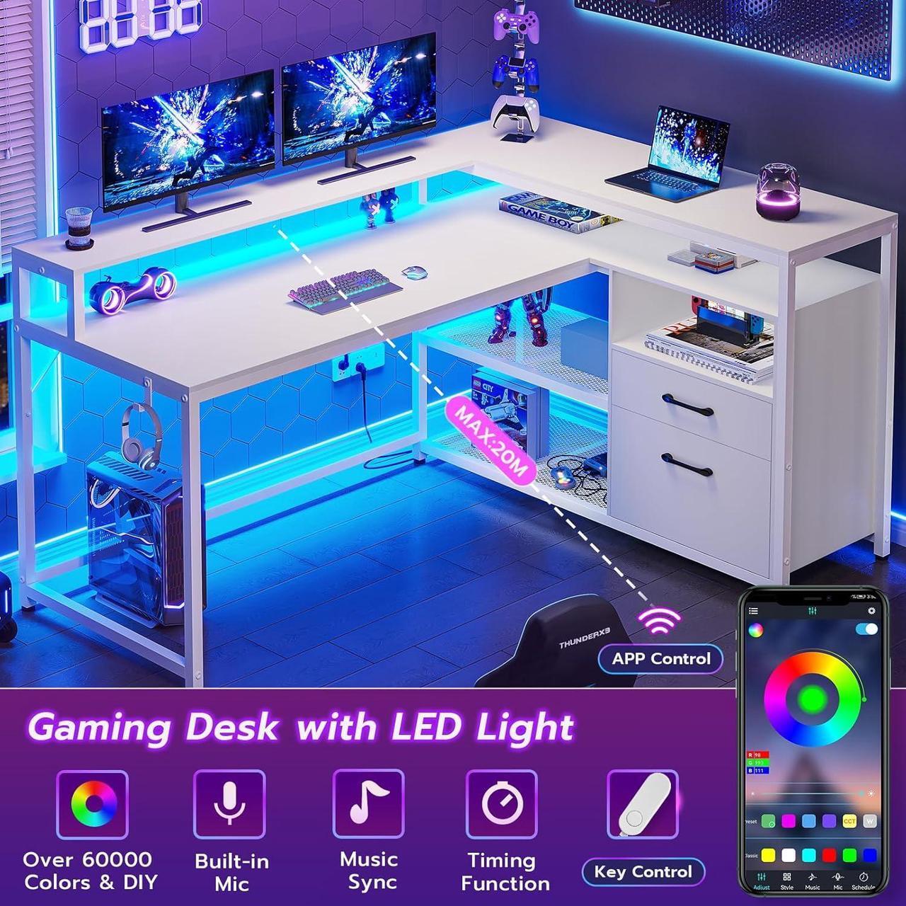 Alt view image 7 of 7 - White Computer Desk with Drawers, 55" Home Office Desk with File Drawer and Storage Shelves, L Shaped Gaming Desk with LED Lights and Monitor Shelf