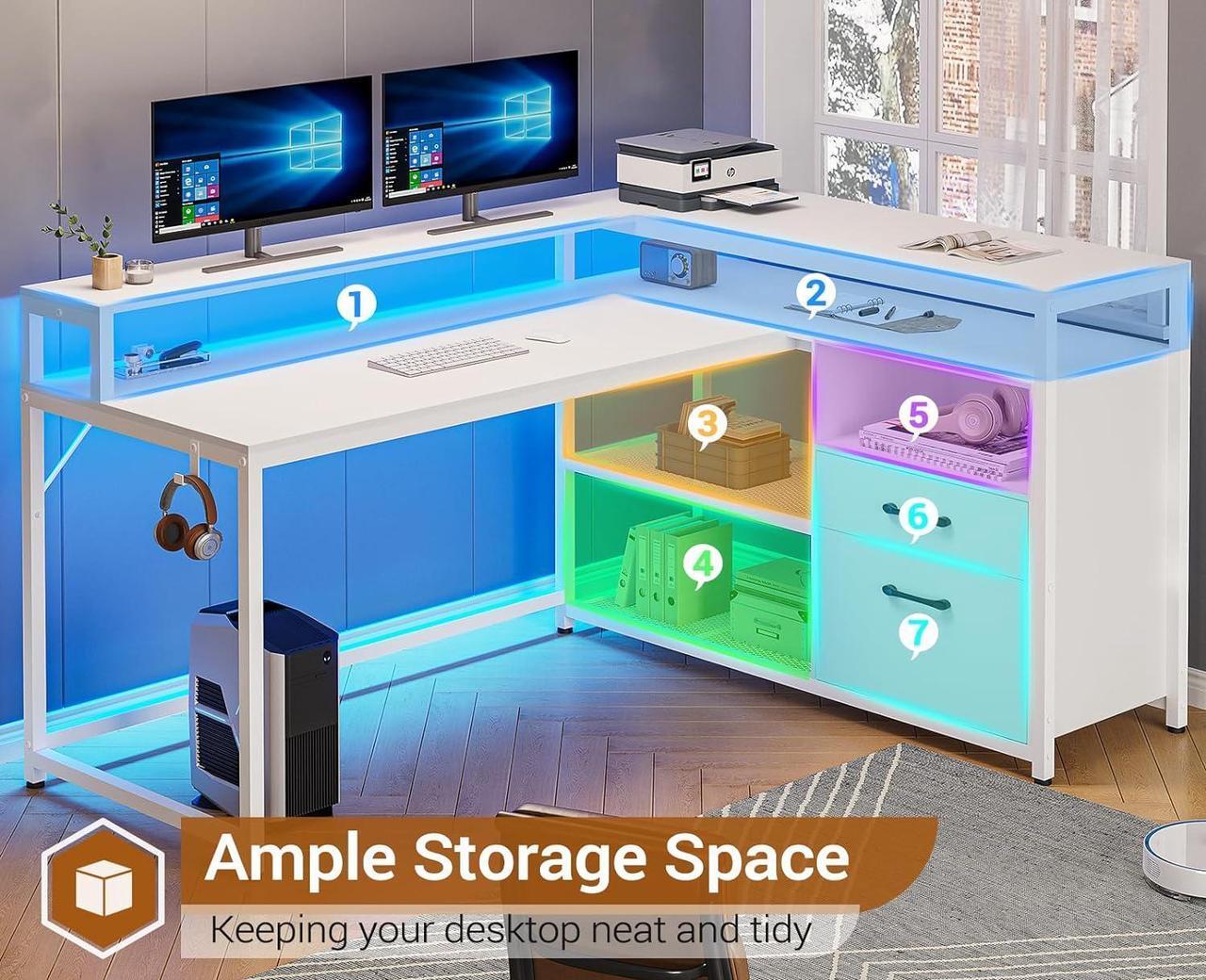 Alt view image 6 of 7 - White Computer Desk with Drawers, 55" Home Office Desk with File Drawer and Storage Shelves, L Shaped Gaming Desk with LED Lights and Monitor Shelf
