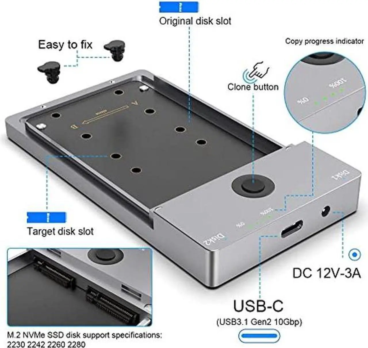 Alt view image 5 of 5 - USB C 3.1 Gen2 10Gbps Dual Bay M.2 Enclosure, Offline Cloner USB C to NVME SSD Enclosure External Hard Drive Duplicator for M Key (B+M Key) NVMe PCIe 2230 2242 2260 2280 M.2 SSDs(Tool-Free)