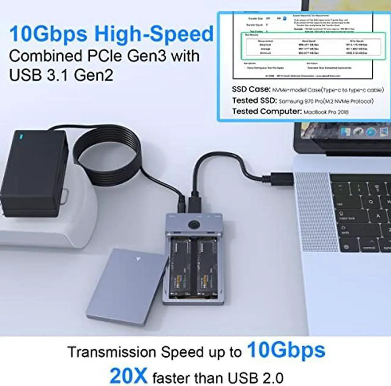 Alt view image 4 of 5 - USB C 3.1 Gen2 10Gbps Dual Bay M.2 Enclosure, Offline Cloner USB C to NVME SSD Enclosure External Hard Drive Duplicator for M Key (B+M Key) NVMe PCIe 2230 2242 2260 2280 M.2 SSDs(Tool-Free)