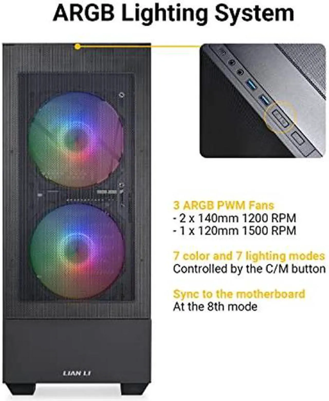 Alt view image 3 of 5 - LIAN LI High Airflow ATX PC Case, RGB Gaming Computer Case, Mesh Front Panel Mid-Tower Chassis w/ 3 ARGB PWM Fans Pre-Installed, USB Type-C Port, Tempered Glass Side Panel (LANCOOL 205 MESH C, Black)