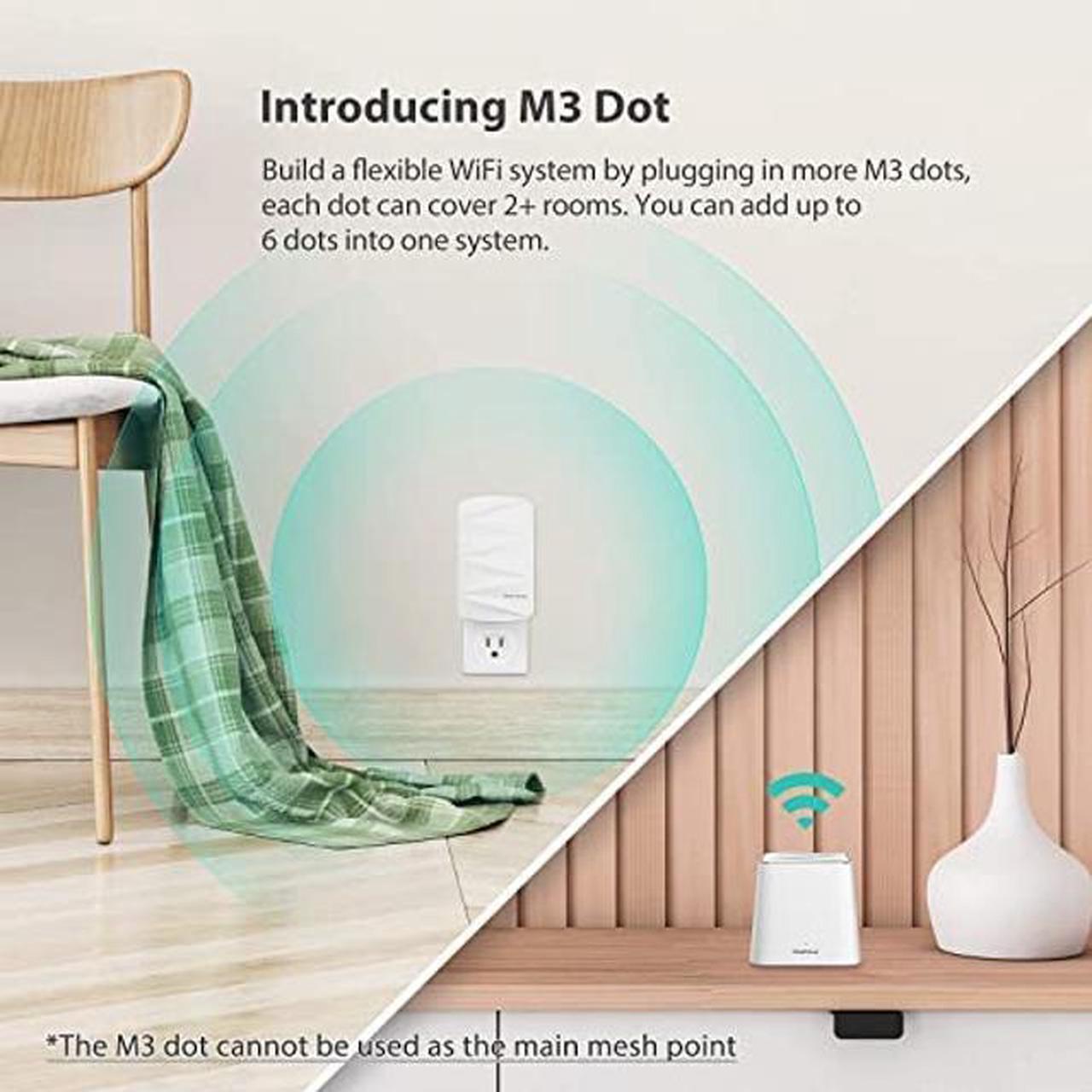 Alt view image 3 of 5 - Meshforce M3 Mesh WiFi System (4 Pack), Up to 6000 sq.ft (8+ Rooms) Whole Home Coverage, WiFi Router Replacement, Parental Control, Plug-in Design (1 WiFi Point & 3 Dots)