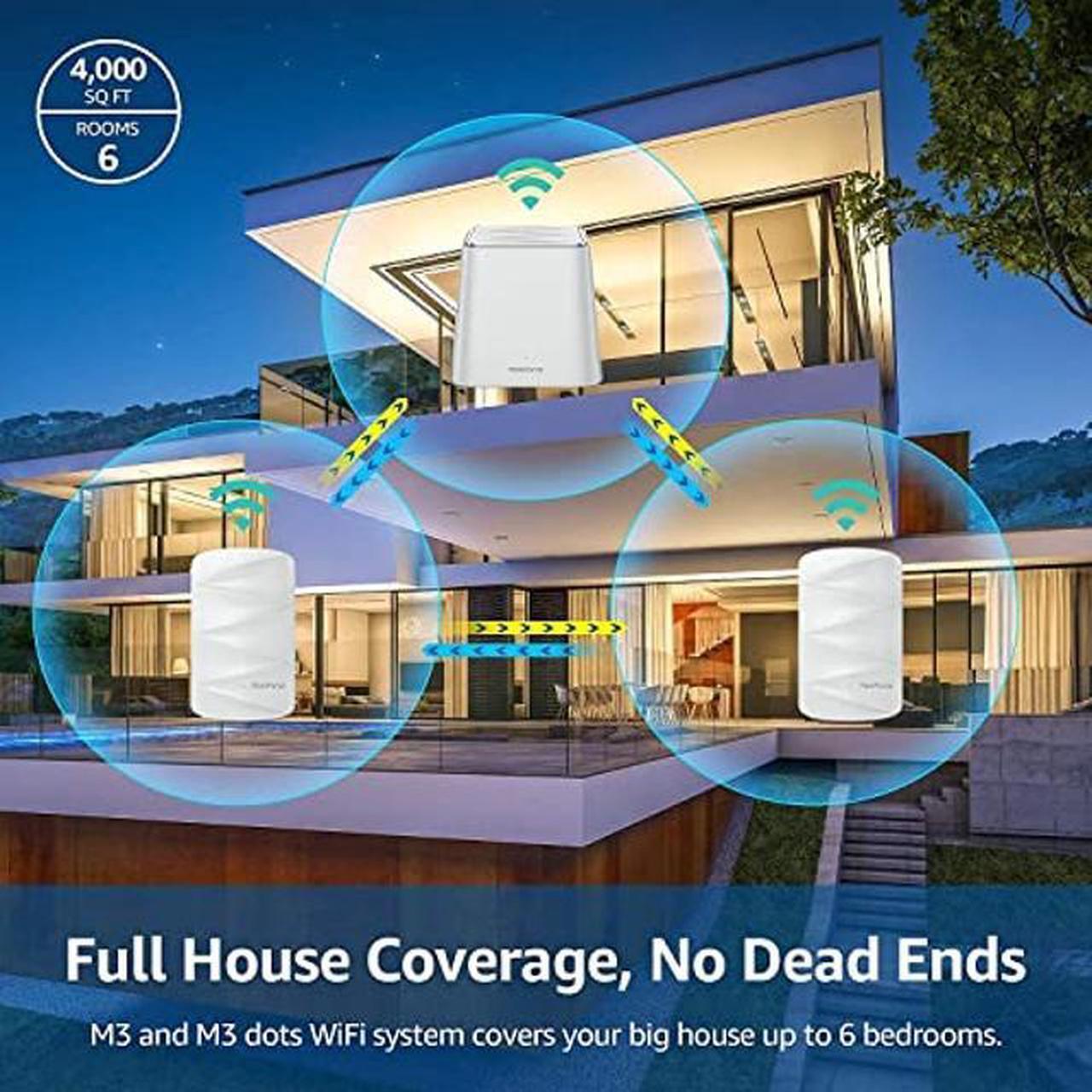 Alt view image 2 of 5 - Meshforce M3 Mesh WiFi System (4 Pack), Up to 6000 sq.ft (8+ Rooms) Whole Home Coverage, WiFi Router Replacement, Parental Control, Plug-in Design (1 WiFi Point & 3 Dots)