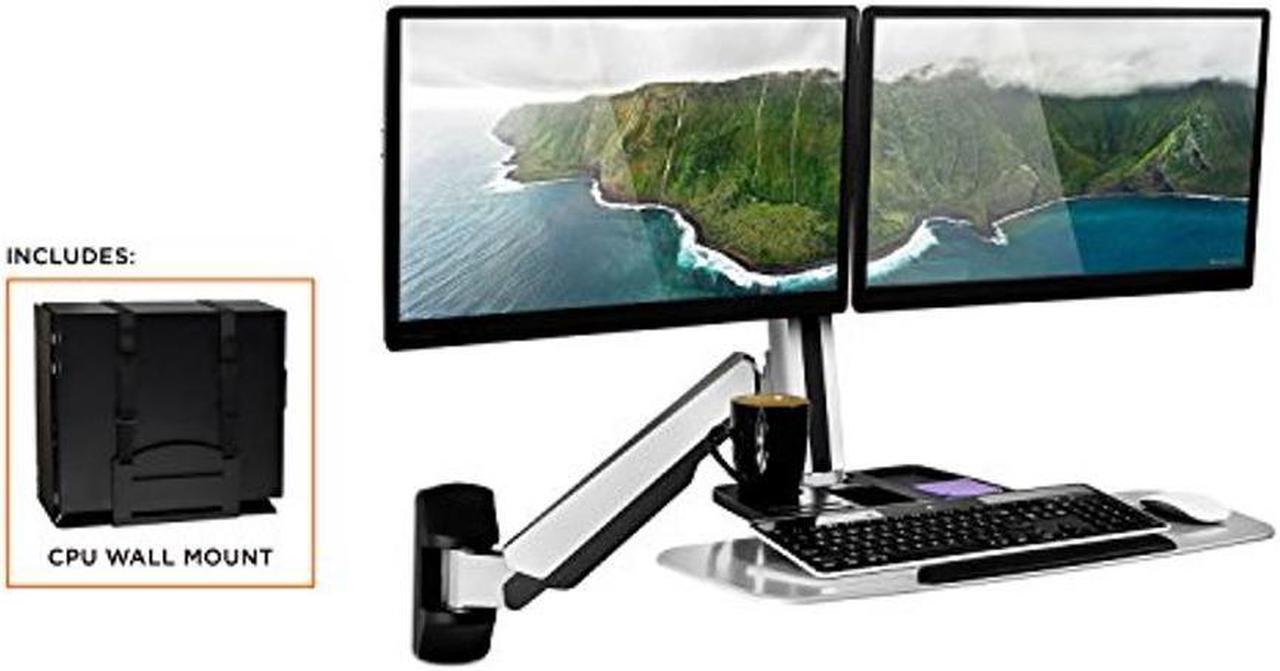 Alt view image 2 of 5 - Mount-It! Sit Stand Dual Monitor Wall Mount Workstation & Stand Up Computer Station with Articulating Keyboard Tray Arm and CPU Holder