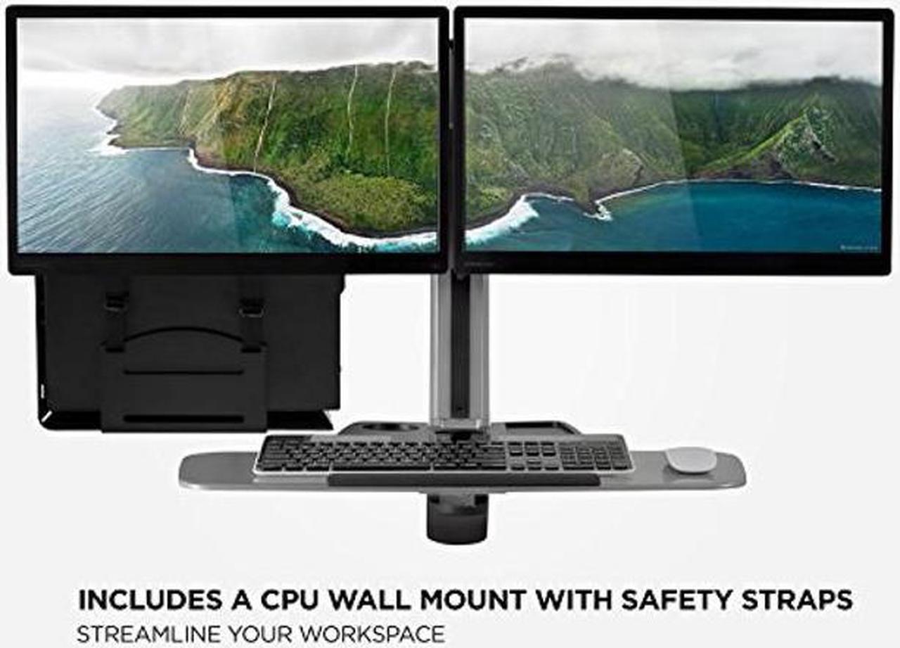 Alt view image 3 of 5 - Mount-It! Sit Stand Dual Monitor Wall Mount Workstation & Stand Up Computer Station with Articulating Keyboard Tray Arm and CPU Holder