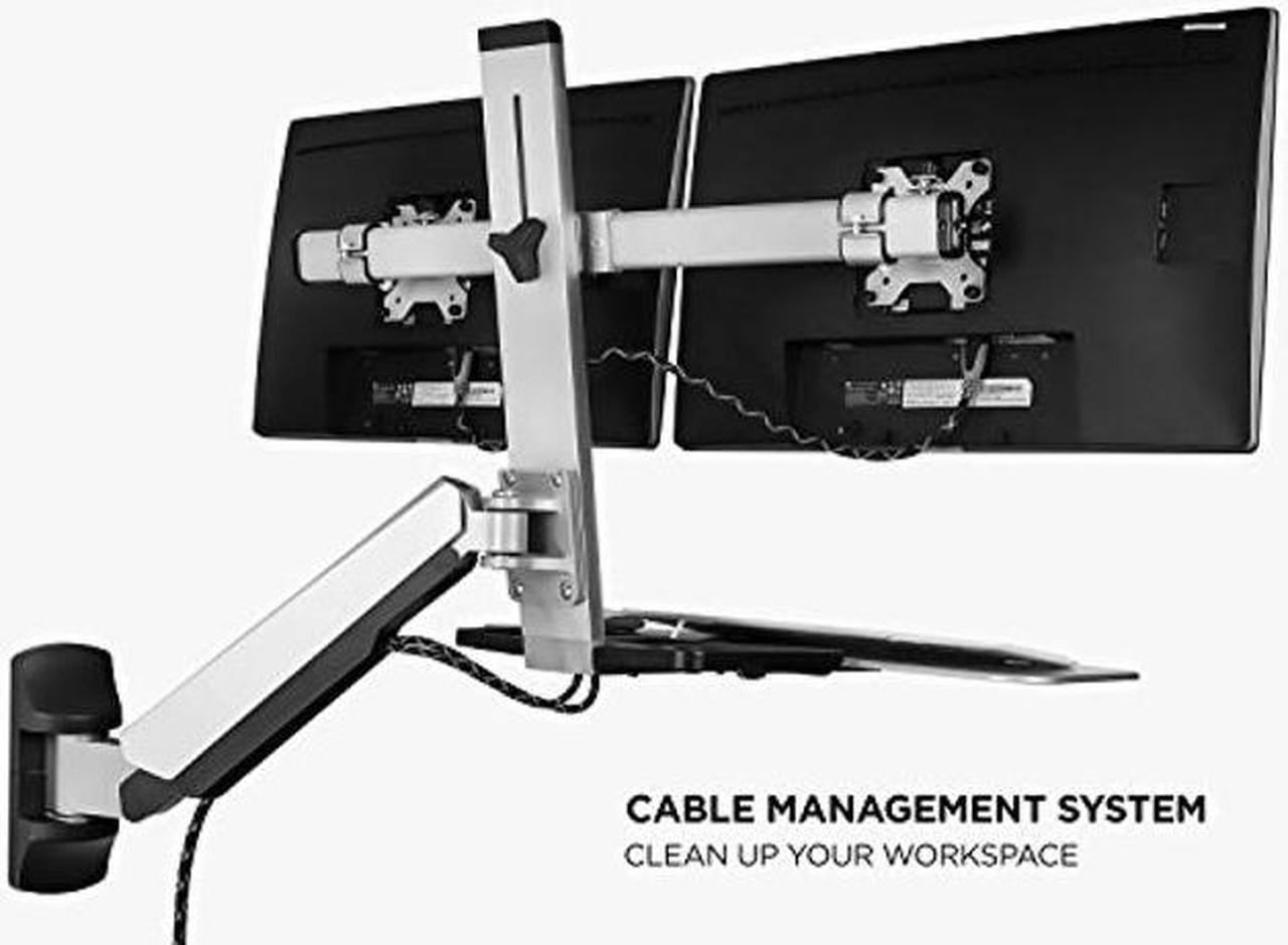 Alt view image 4 of 5 - Mount-It! Sit Stand Dual Monitor Wall Mount Workstation & Stand Up Computer Station with Articulating Keyboard Tray Arm and CPU Holder